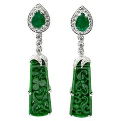 Jade, Emerald and Diamond Earrings set in 18K White Gold Settings