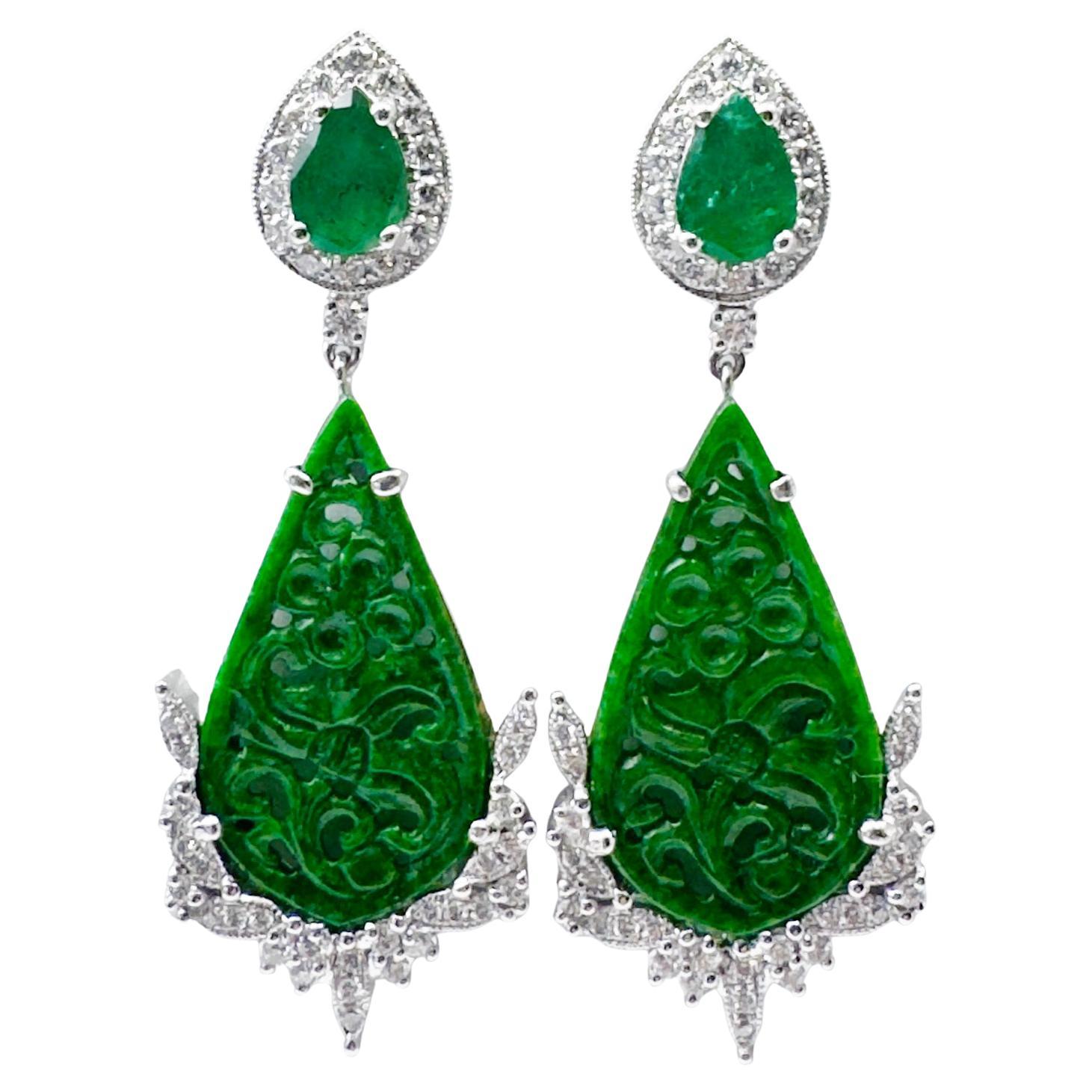 Jade, Emerald and Diamond Earrings set in 18K White Gold Settings
