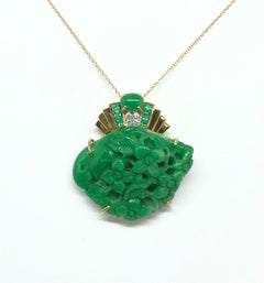 Jade, Emerald and Diamond Pendant Set in 18 Karat Gold Settings