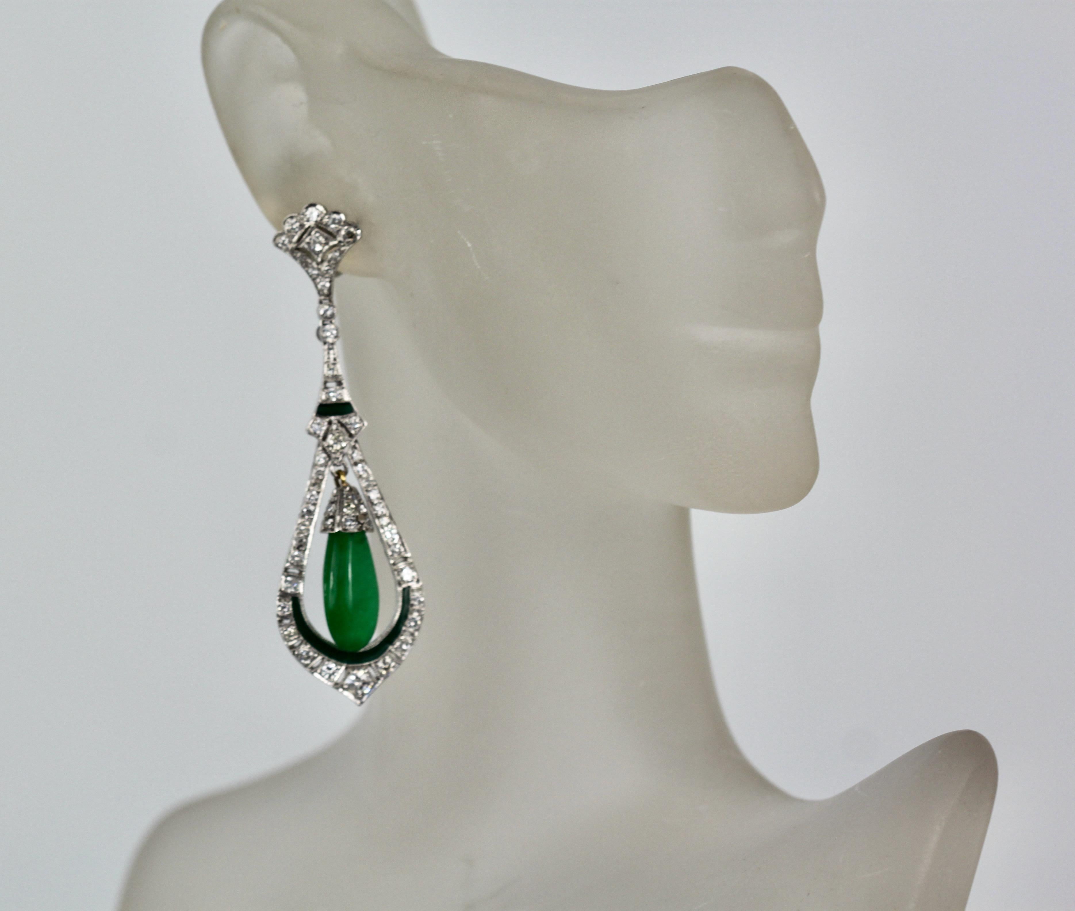 Jade Enamel Diamond Long Earrings For Sale 5