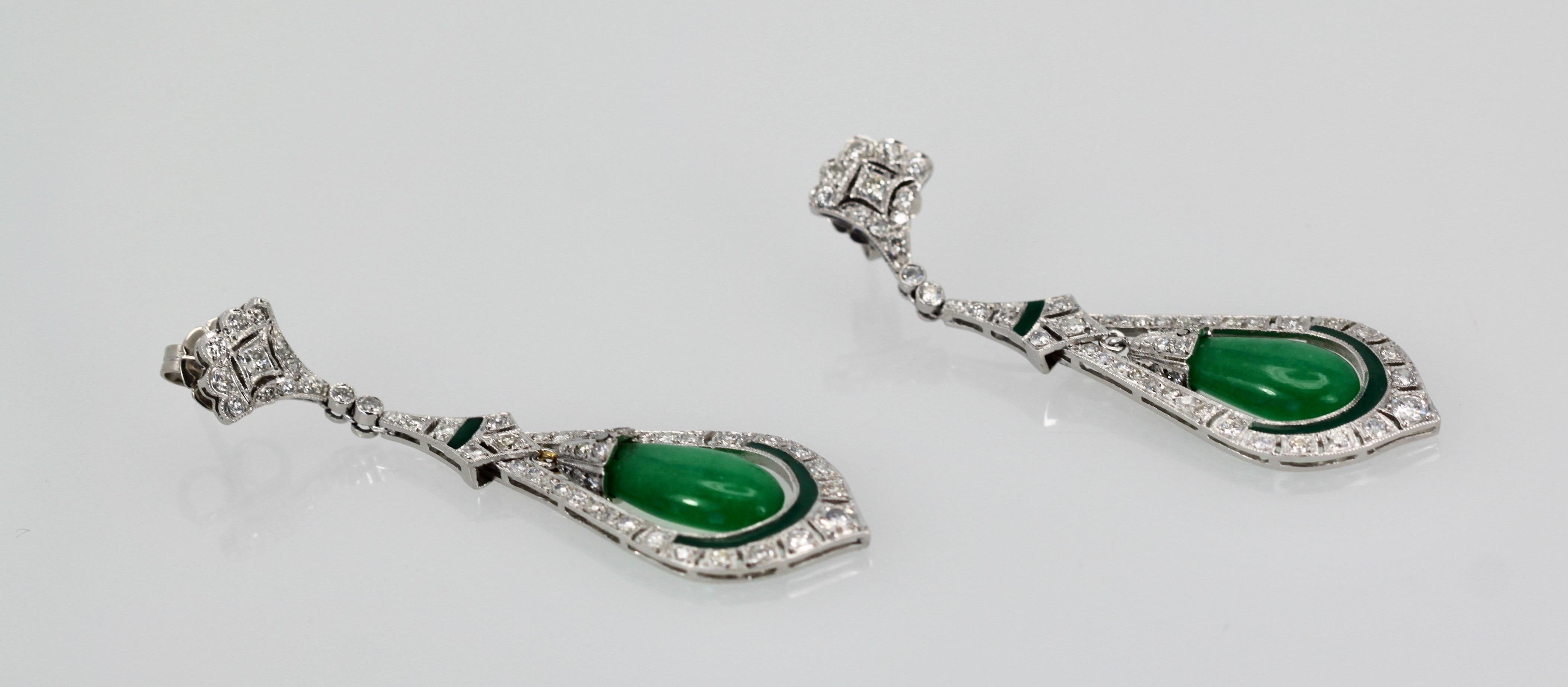 Art Deco Jade Enamel Diamond Long Earrings For Sale