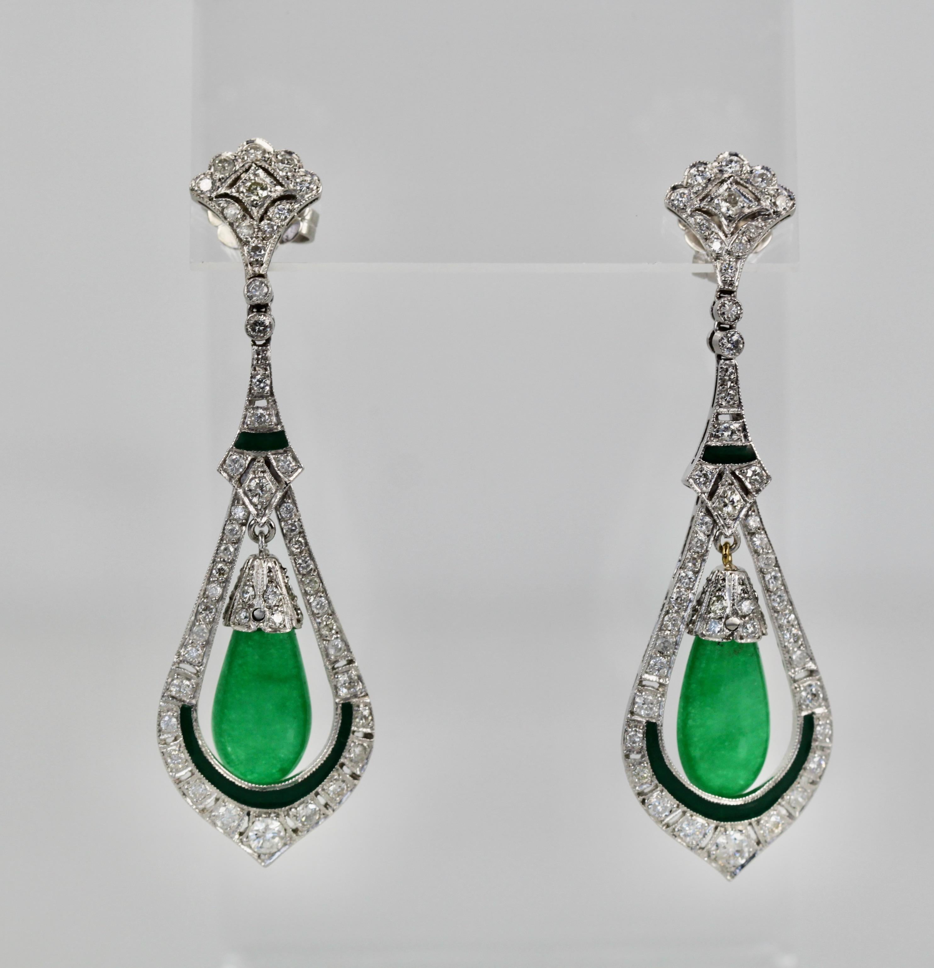Pear Cut Jade Enamel Diamond Long Earrings For Sale