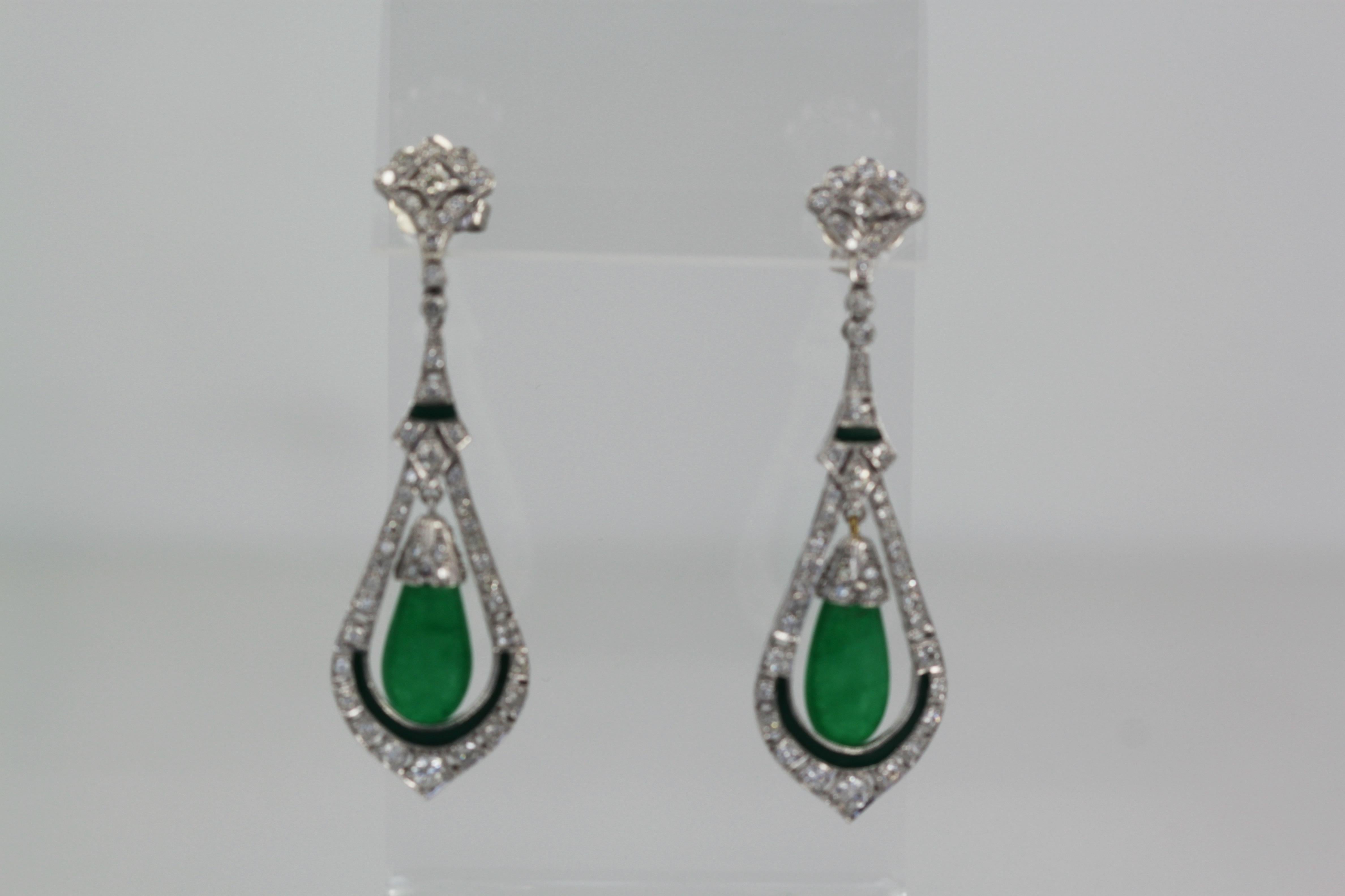 Jade Enamel Diamond Long Earrings For Sale 1