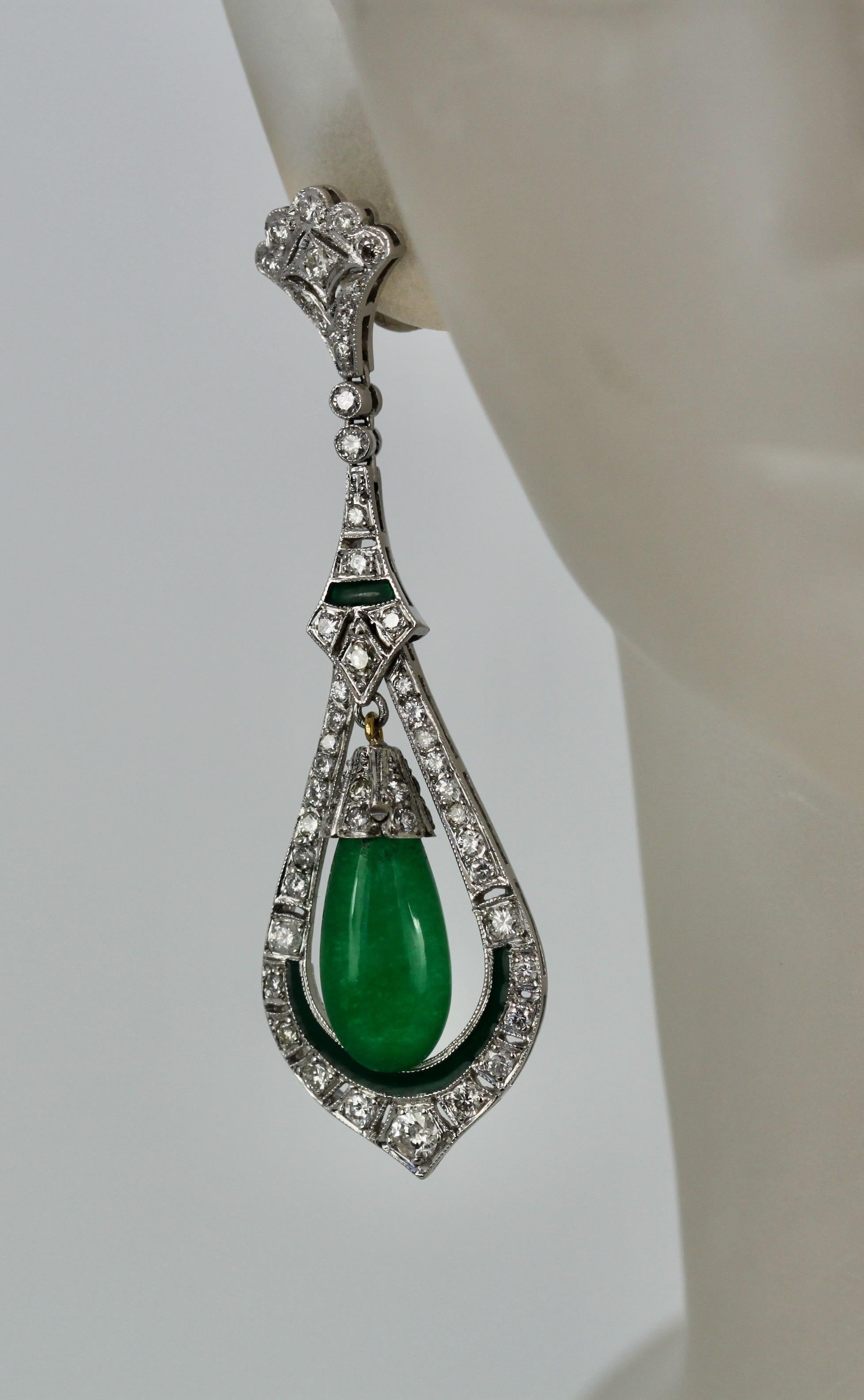 Jade Enamel Diamond Long Earrings For Sale 2