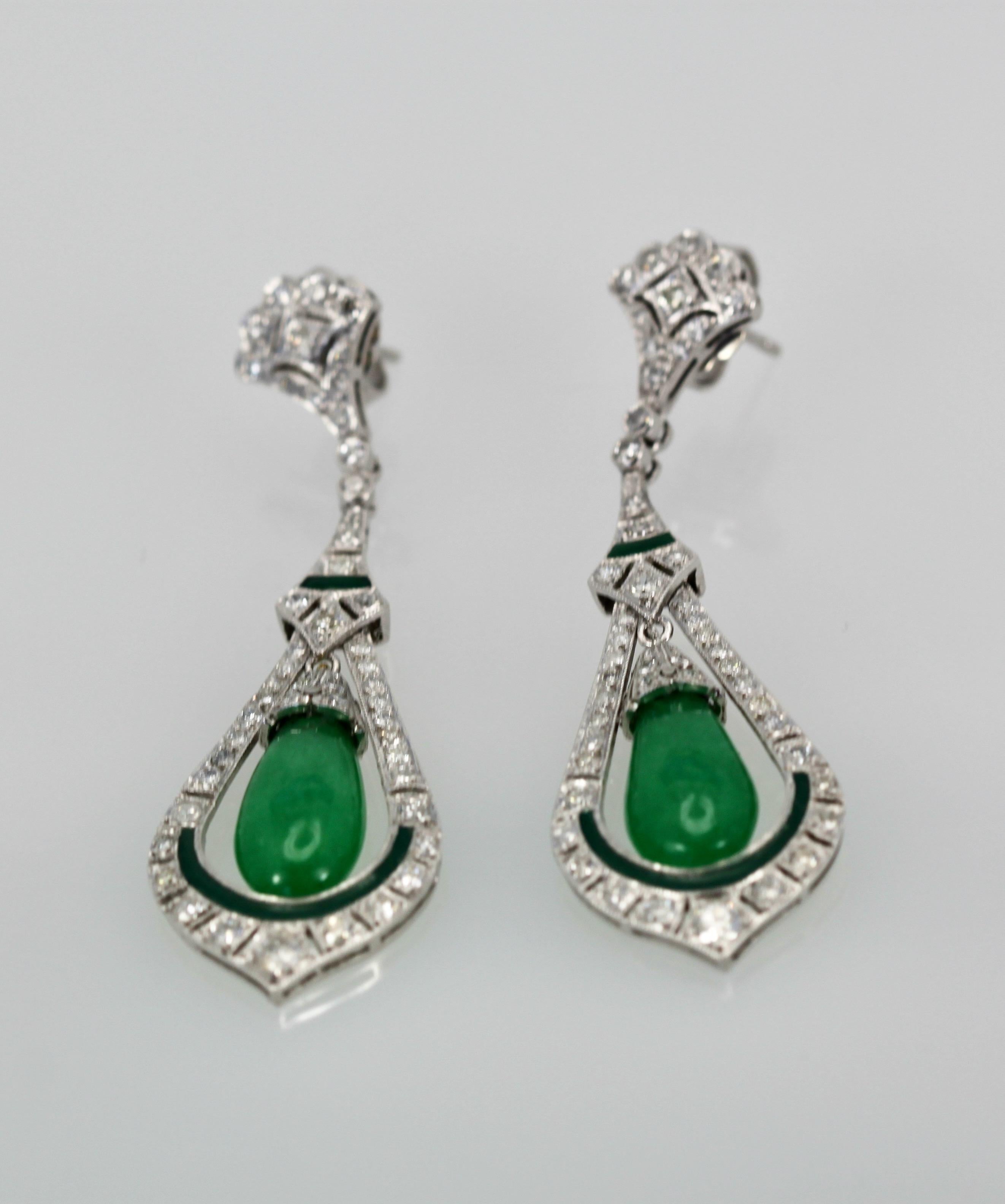 Jade Enamel Diamond Long Earrings For Sale 3