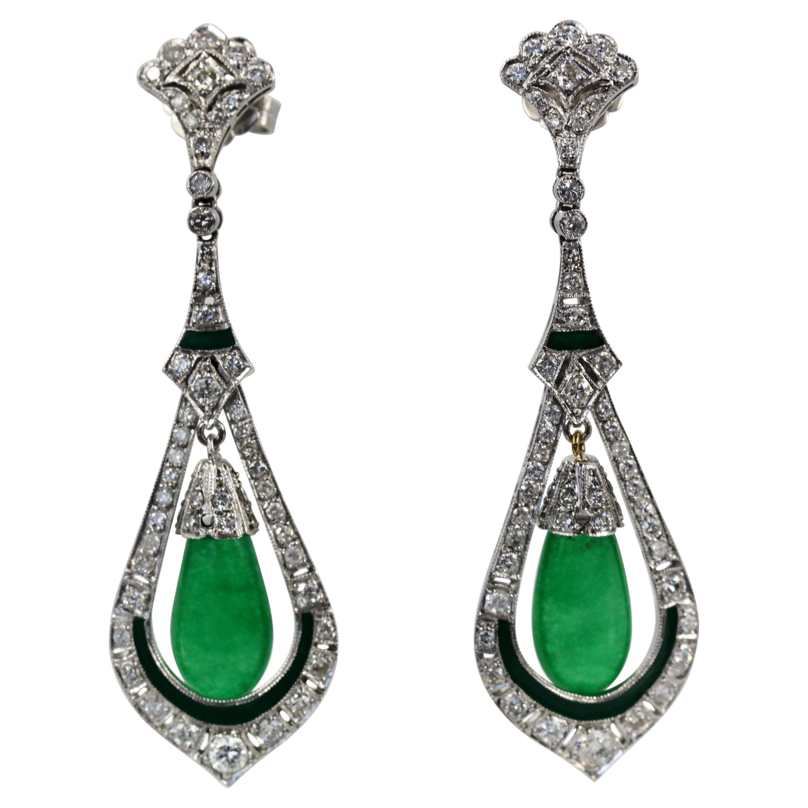 Jade Enamel Diamond Long Earrings