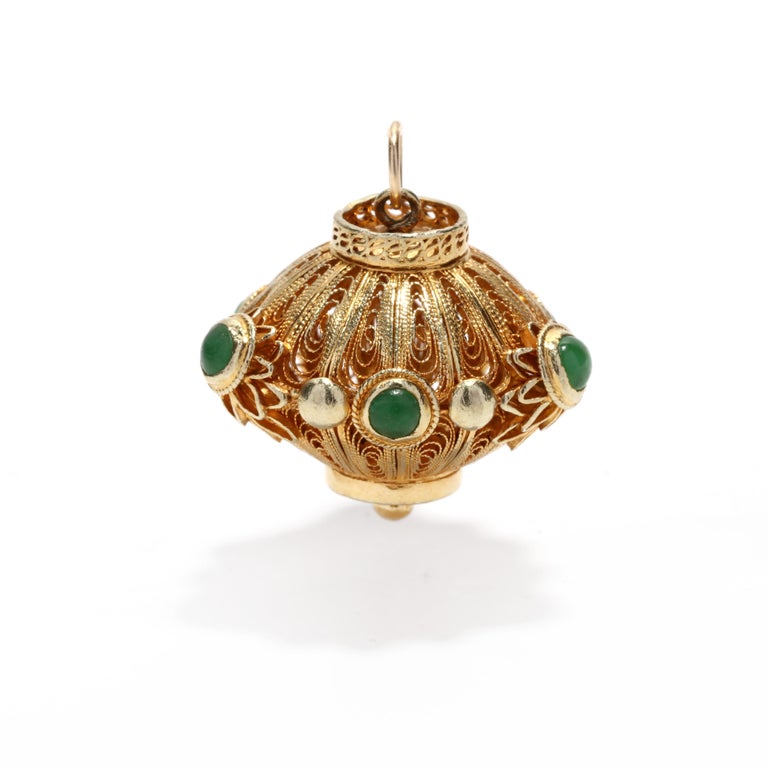 Jade Filigree Orb Charm, 14K Yellow Gold, Vintage Lantern Charm For