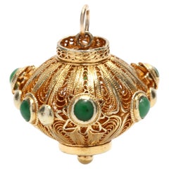 Jade Filigree Orb Charm, 14K Yellow Gold, Vintage Lantern Charm