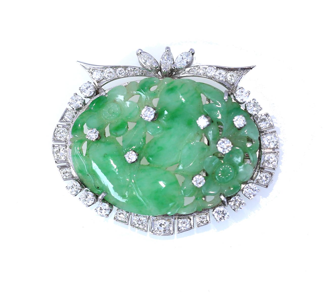 Jade Floral Diamonds Platinum Art Deco Brooch, 1925 1