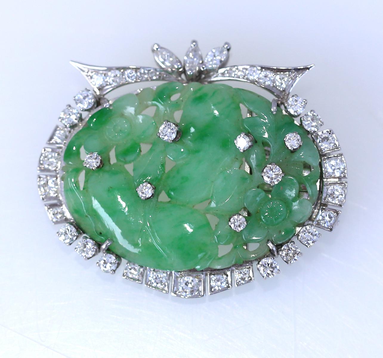 Jade Floral Diamonds Platinum Art Deco Brooch, 1925 3