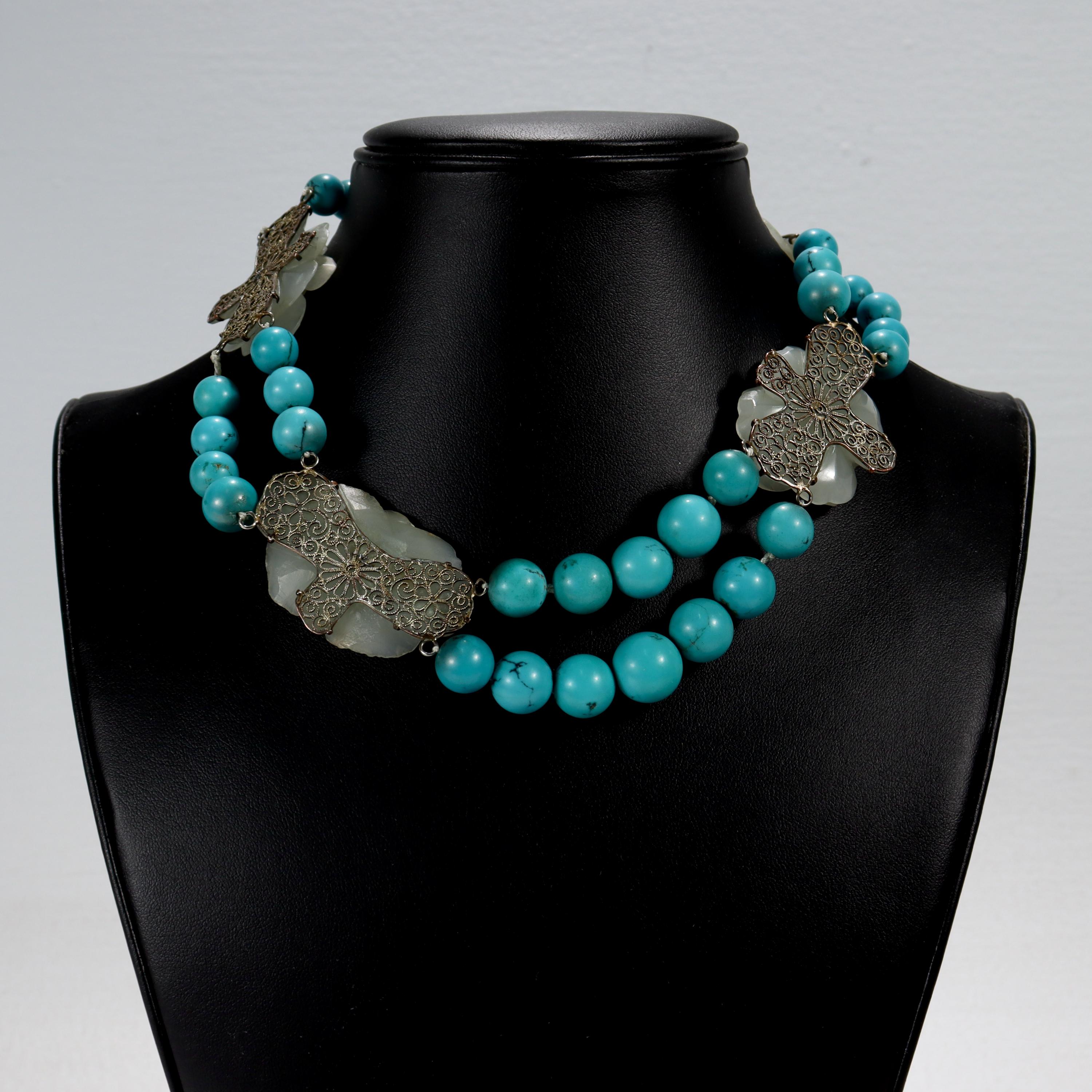 Modern Jade Flowers & Turquoise Beaded Choker Necklace