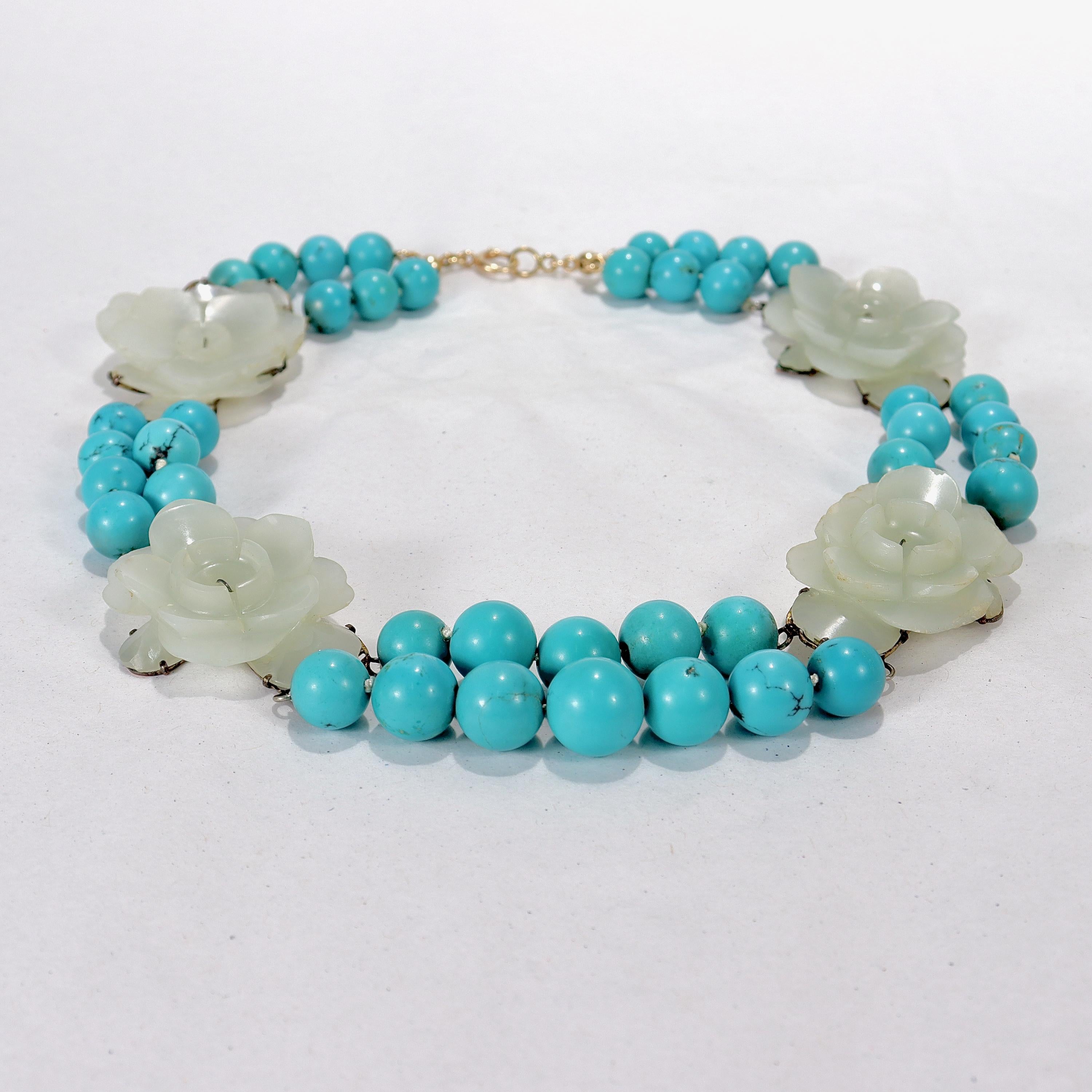Round Cut Jade Flowers & Turquoise Beaded Choker Necklace