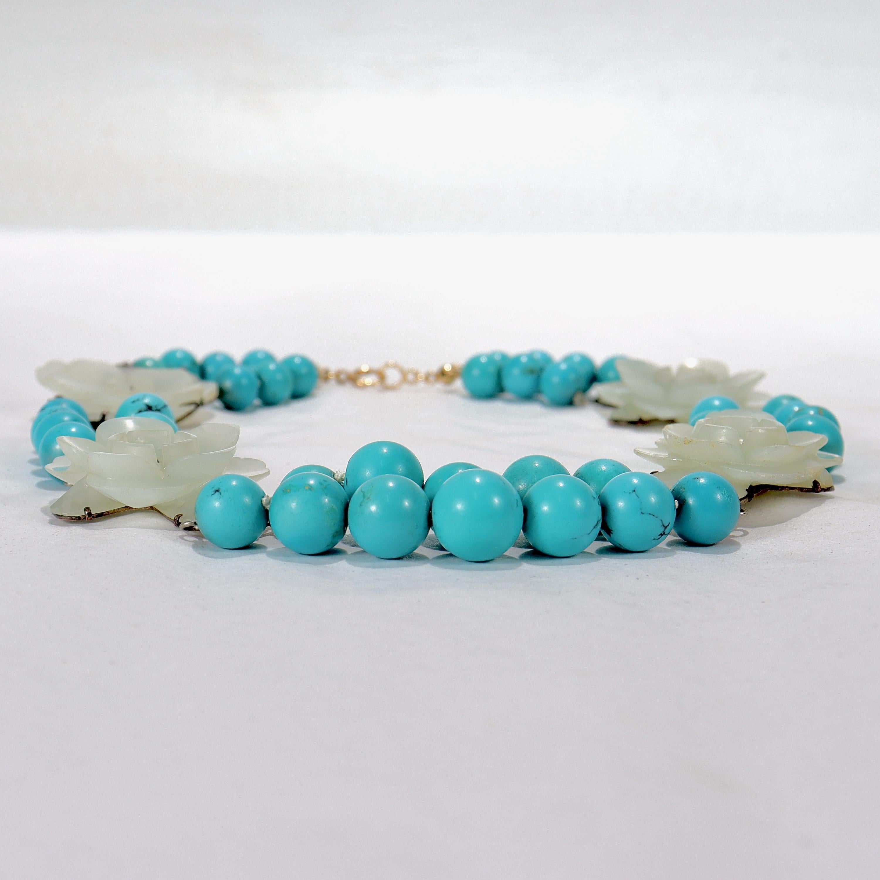 Jade Flowers & Turquoise Beaded Choker Necklace In Good Condition In Philadelphia, PA