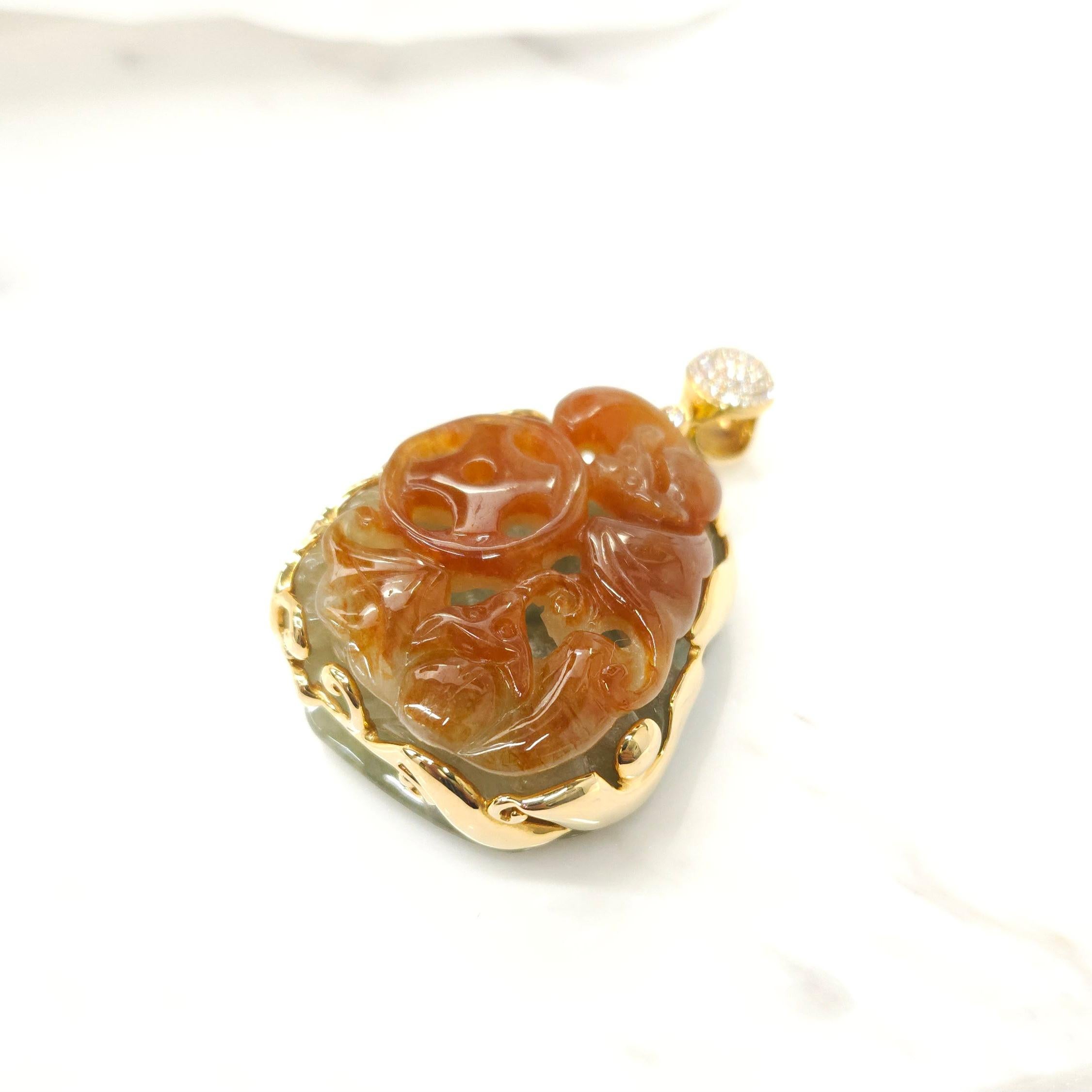 Modern Certified Type A Orange & Green Carved Jade Diamond 18K Yellow Gold Pendant For Sale