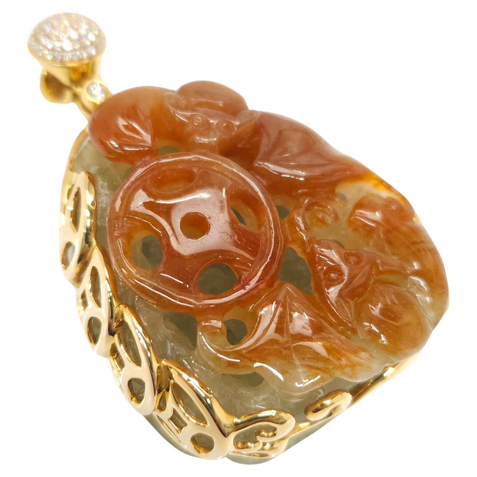 Certified Type A Orange & Green Carved Jade Diamond 18K Yellow Gold Pendant For Sale