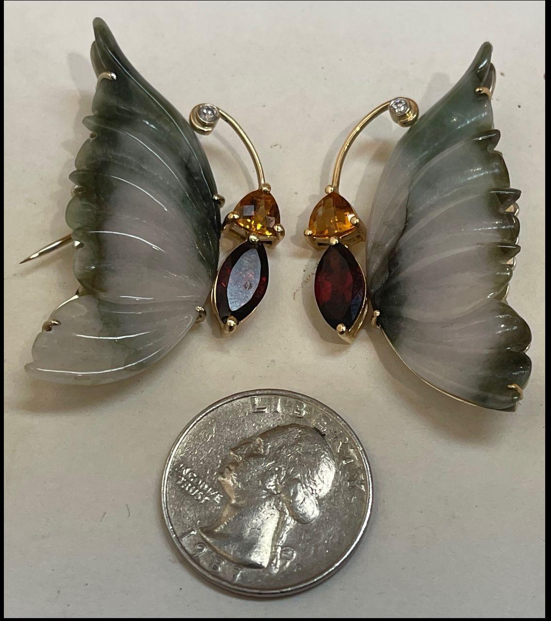 Contemporary Jade Garnet Citrine Diamond Gold Butterfly Brooches Estate Fine Jewelry For Sale