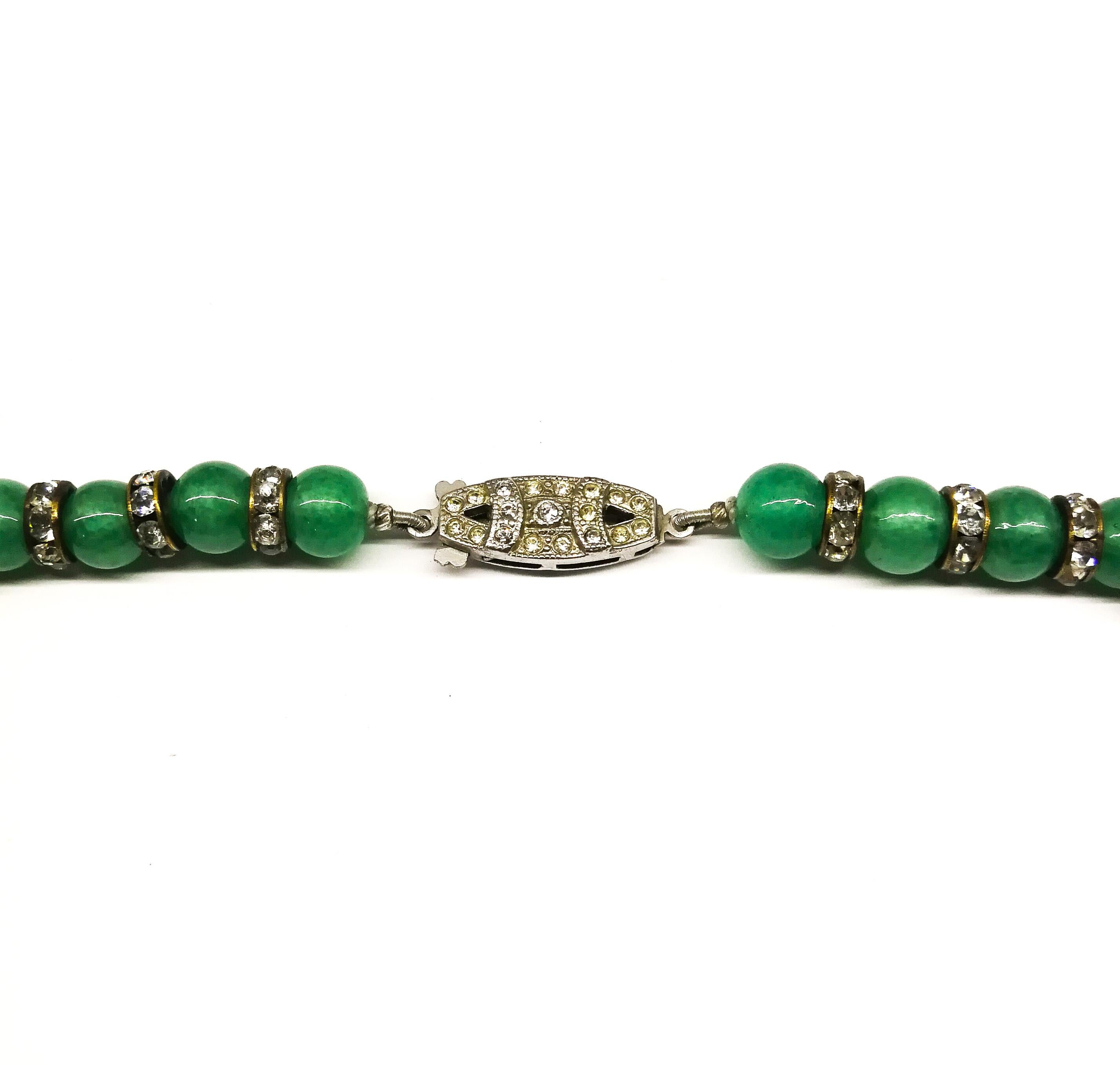 Jade glass bead and clear paste lariatt-style necklace/sautoir, French, 1920s In Good Condition For Sale In Greyabbey, County Down