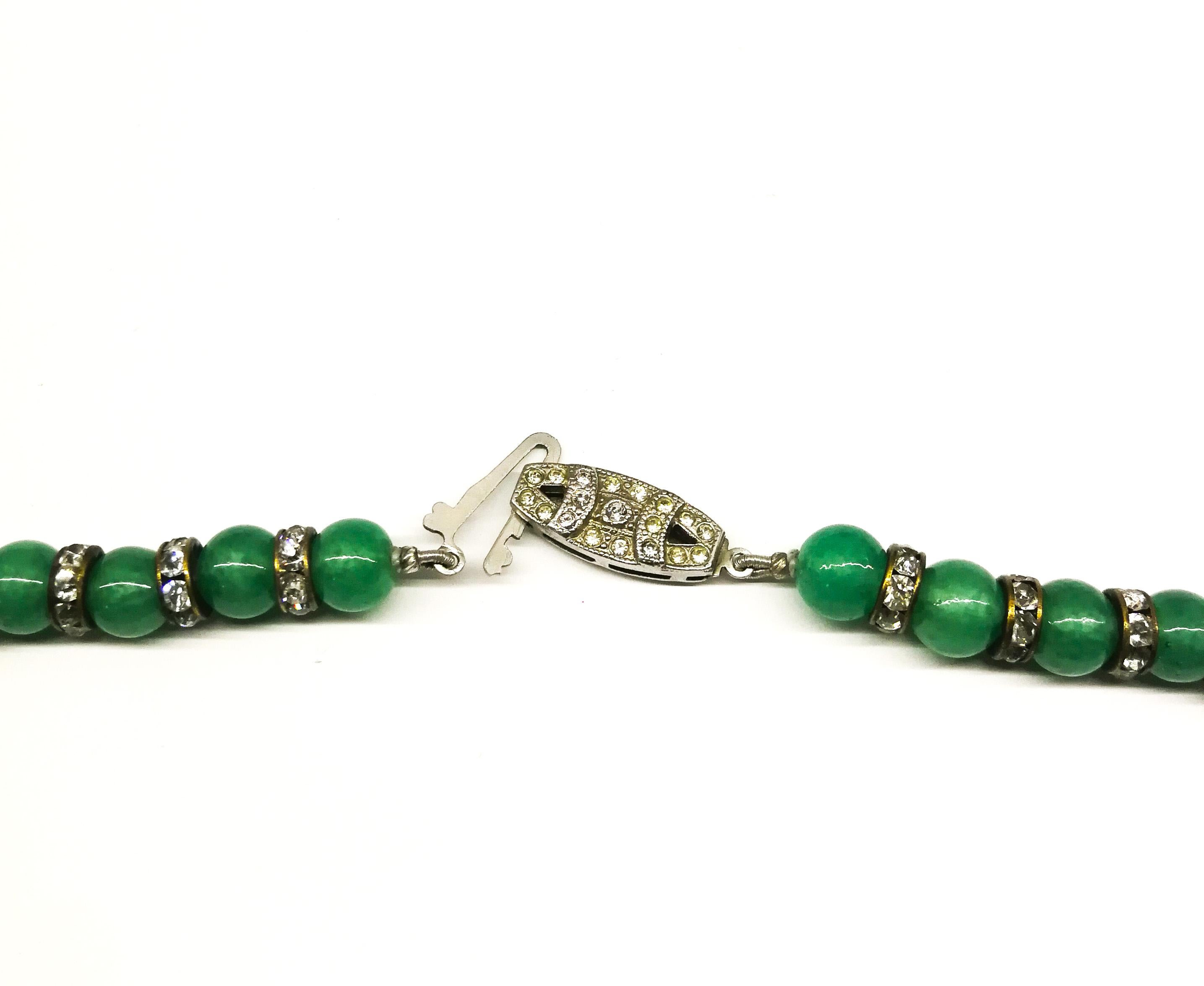 Women's Jade glass bead and clear paste lariatt-style necklace/sautoir, French, 1920s For Sale