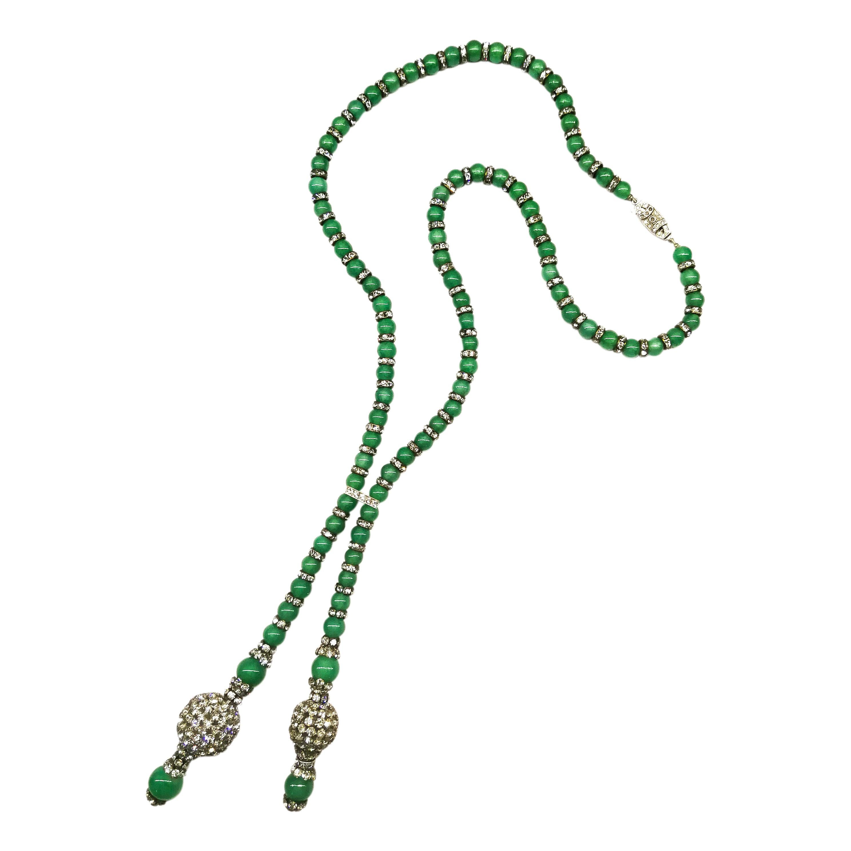 Jade glass bead and clear paste lariatt-style necklace/sautoir, French, 1920s For Sale