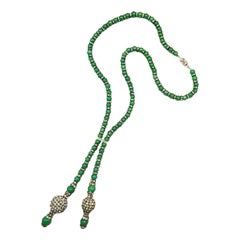 Jade glass bead and clear paste lariatt-style necklace/sautoir, French, 1920s