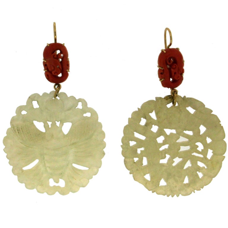 Art Deco Gold Carved Jadeite Jade pendant earrings at 1stdibs