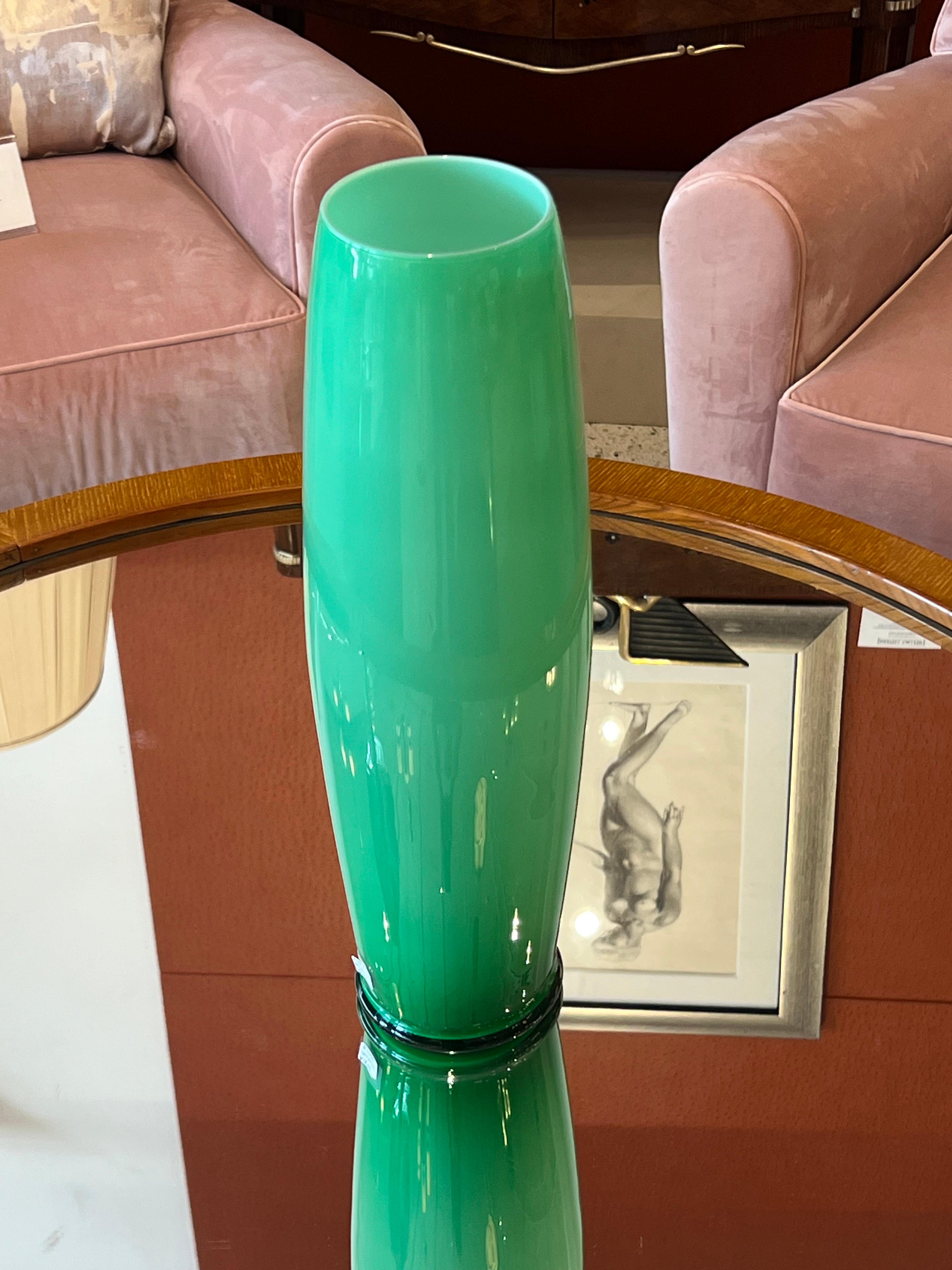 Italian Jade Green Cylindrical Murano Glass Vase For Sale