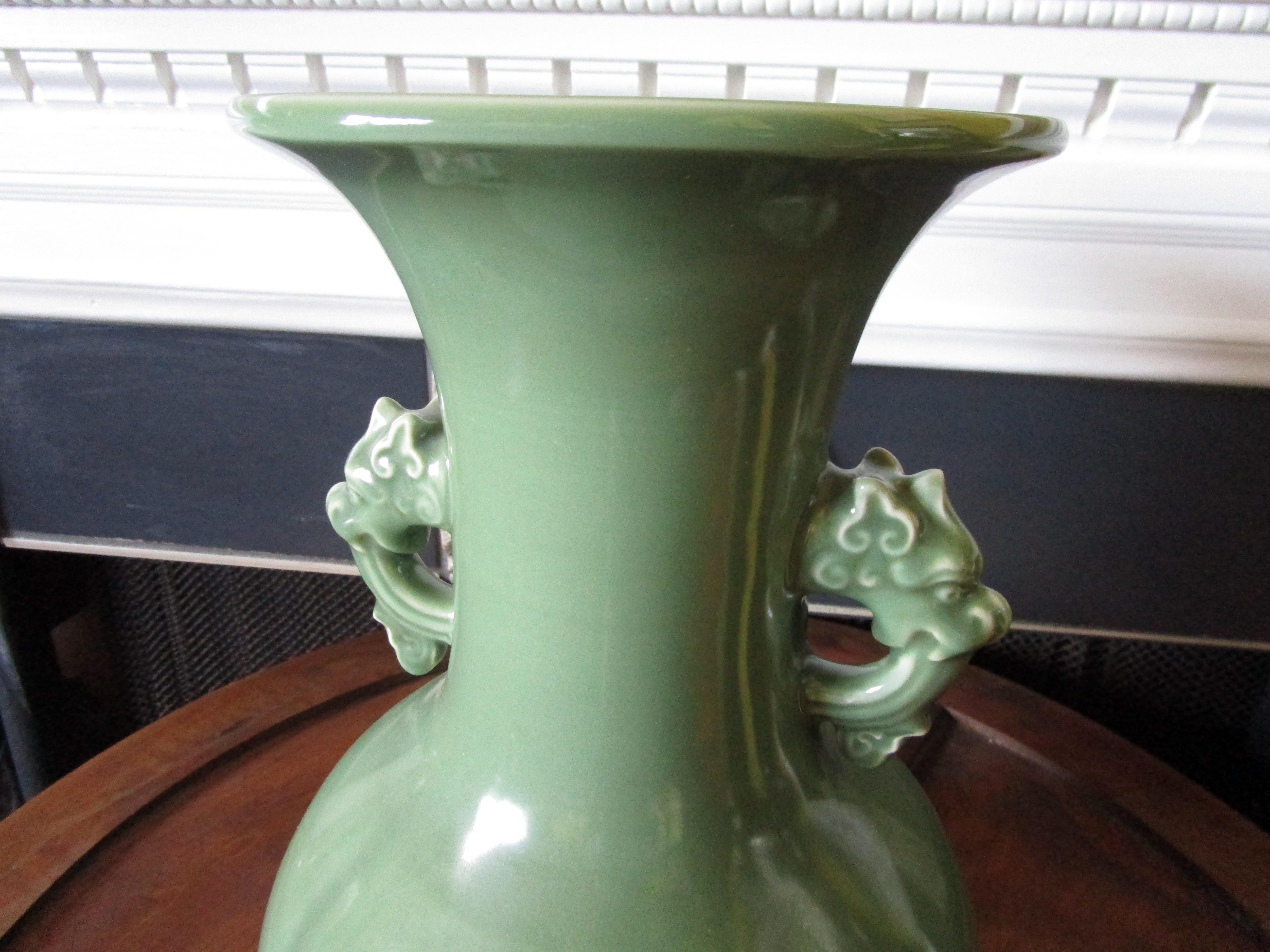 Glazed Jade Green Korean Celadon Vase with Dragon Ears Mid 20th Century