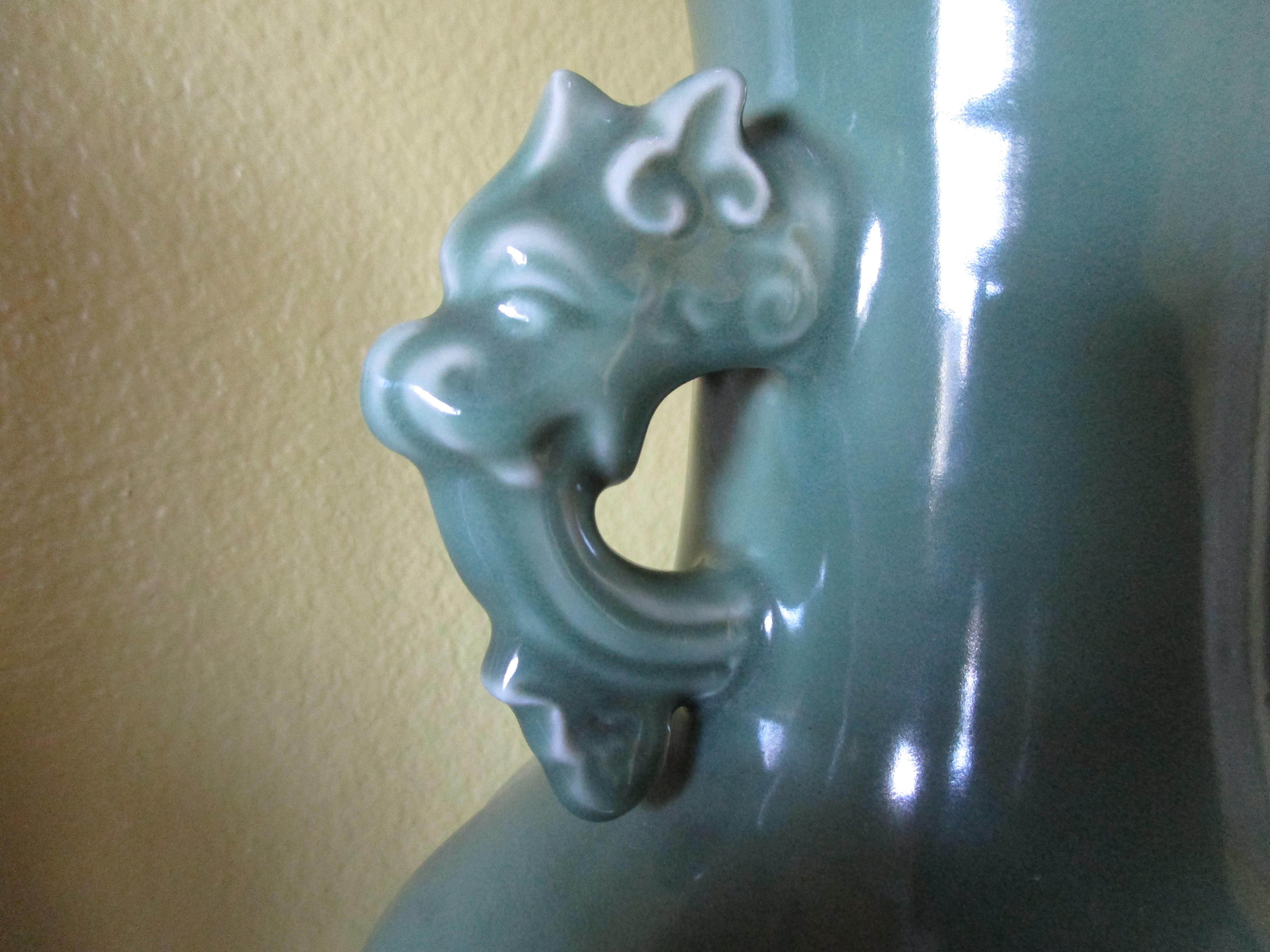 Jade Green Korean Celadon Vase with Dragon Ears Mid 20th Century In Good Condition In Lomita, CA