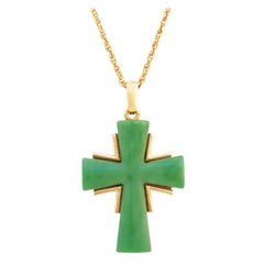 Vintage Jade Green Resin Cross Pendant Necklace By Crown Trifari, 1960s