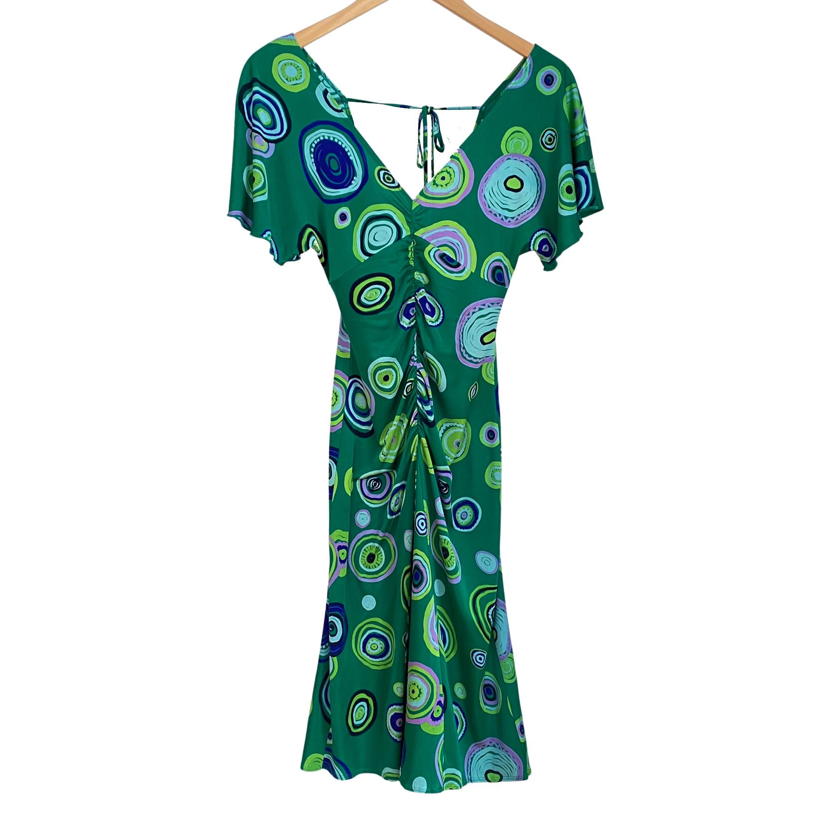 Jade Green Ruched Flora Kung Printed Silk Dress NWT In New Condition For Sale In Boston, MA
