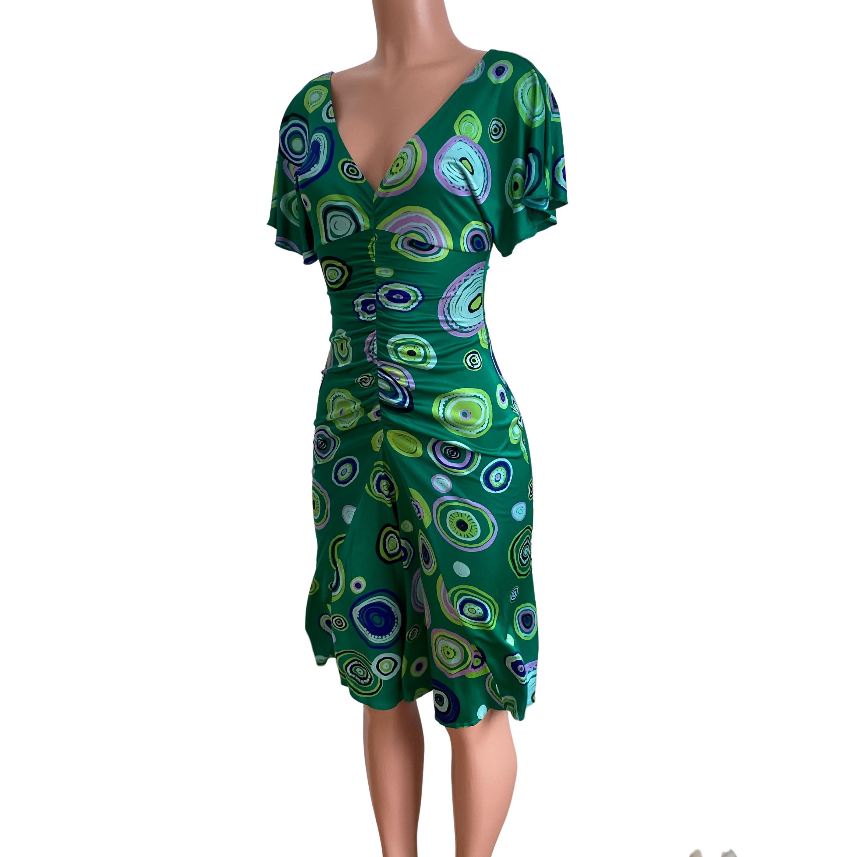Women's Jade Green Ruched Flora Kung Printed Silk Dress NWT For Sale