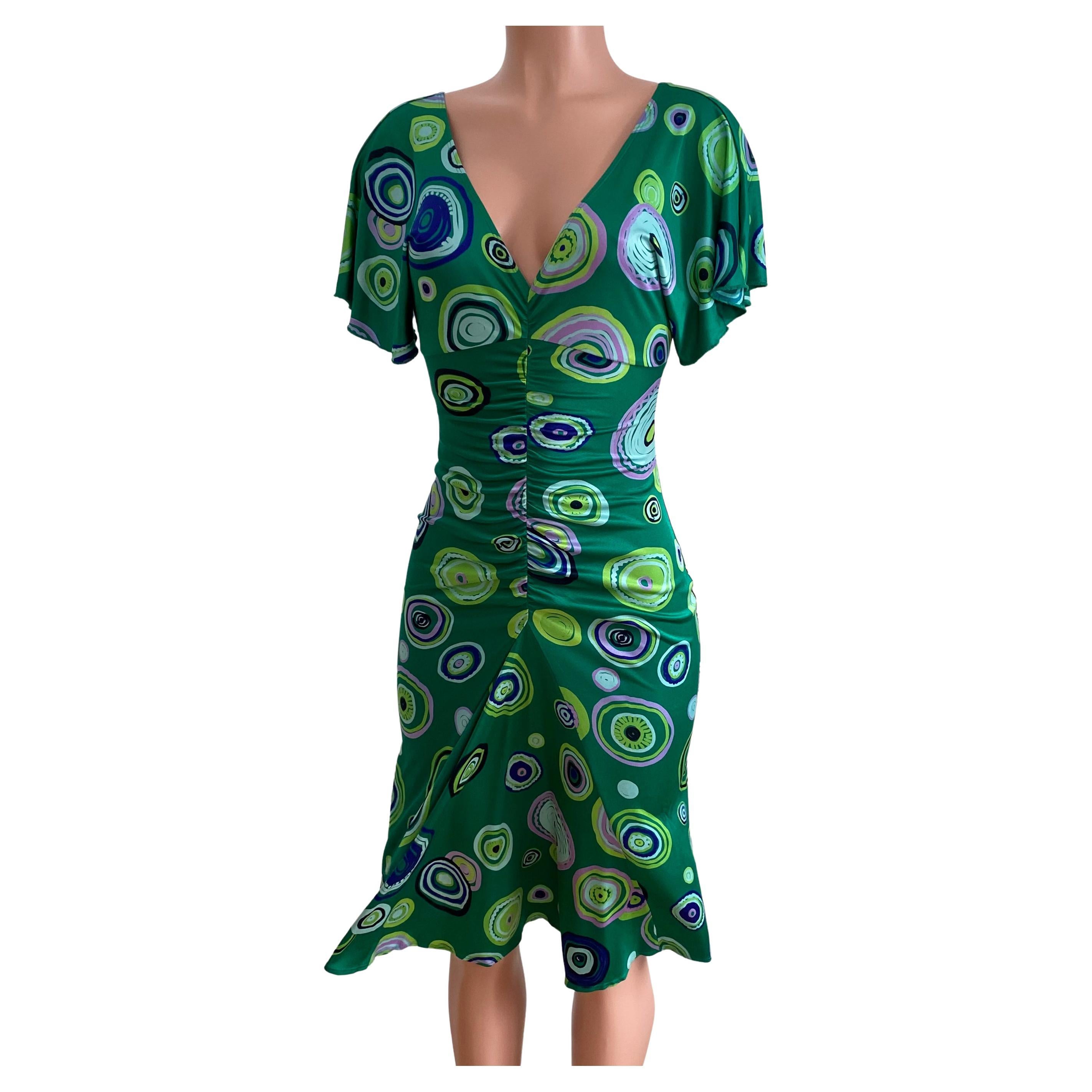 Jade Green Ruched Flora Kung Printed Silk Dress NWT For Sale