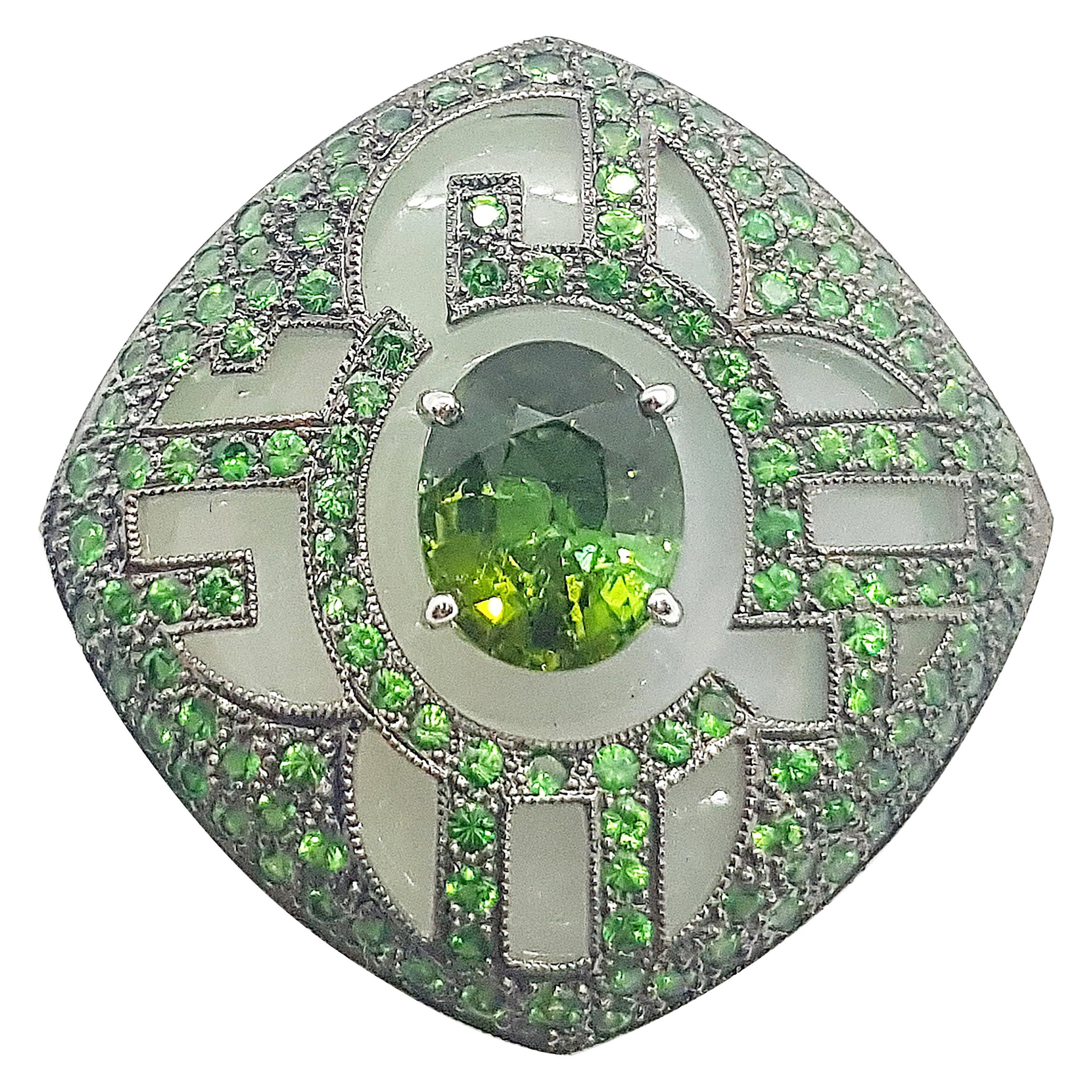 Jade, Green Tourmaline with Tsavorite Ring Set in 18 Karat White Gold Settings