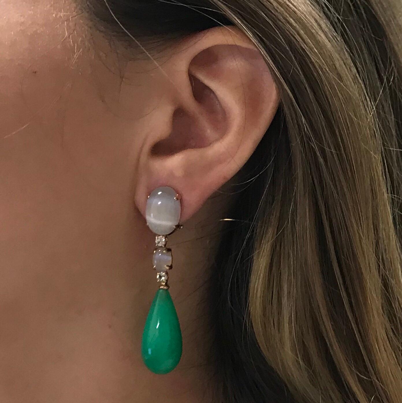 Jade, Grey Quartz and Green Sapphires on Rose Gold 18 Karat Chandelier Earrings 1