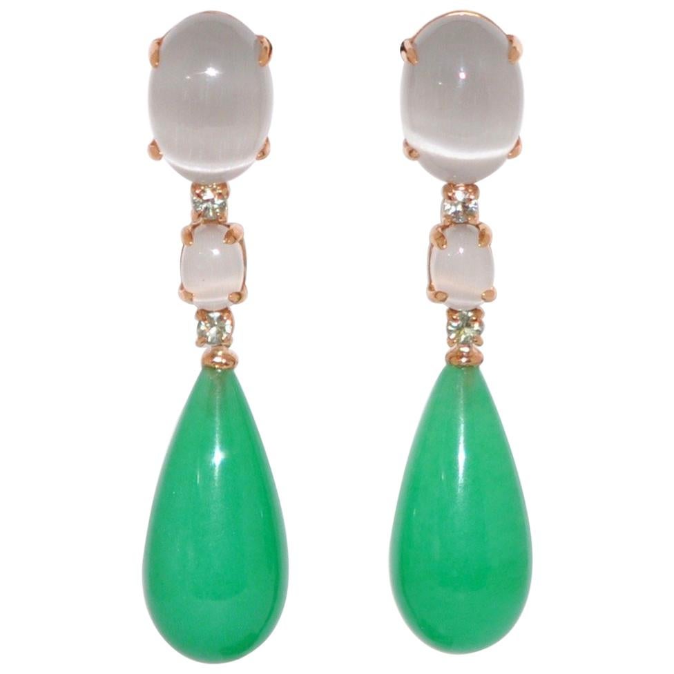 Jade, Grey Quartz and Green Sapphires on Rose Gold 18 Karat Chandelier Earrings