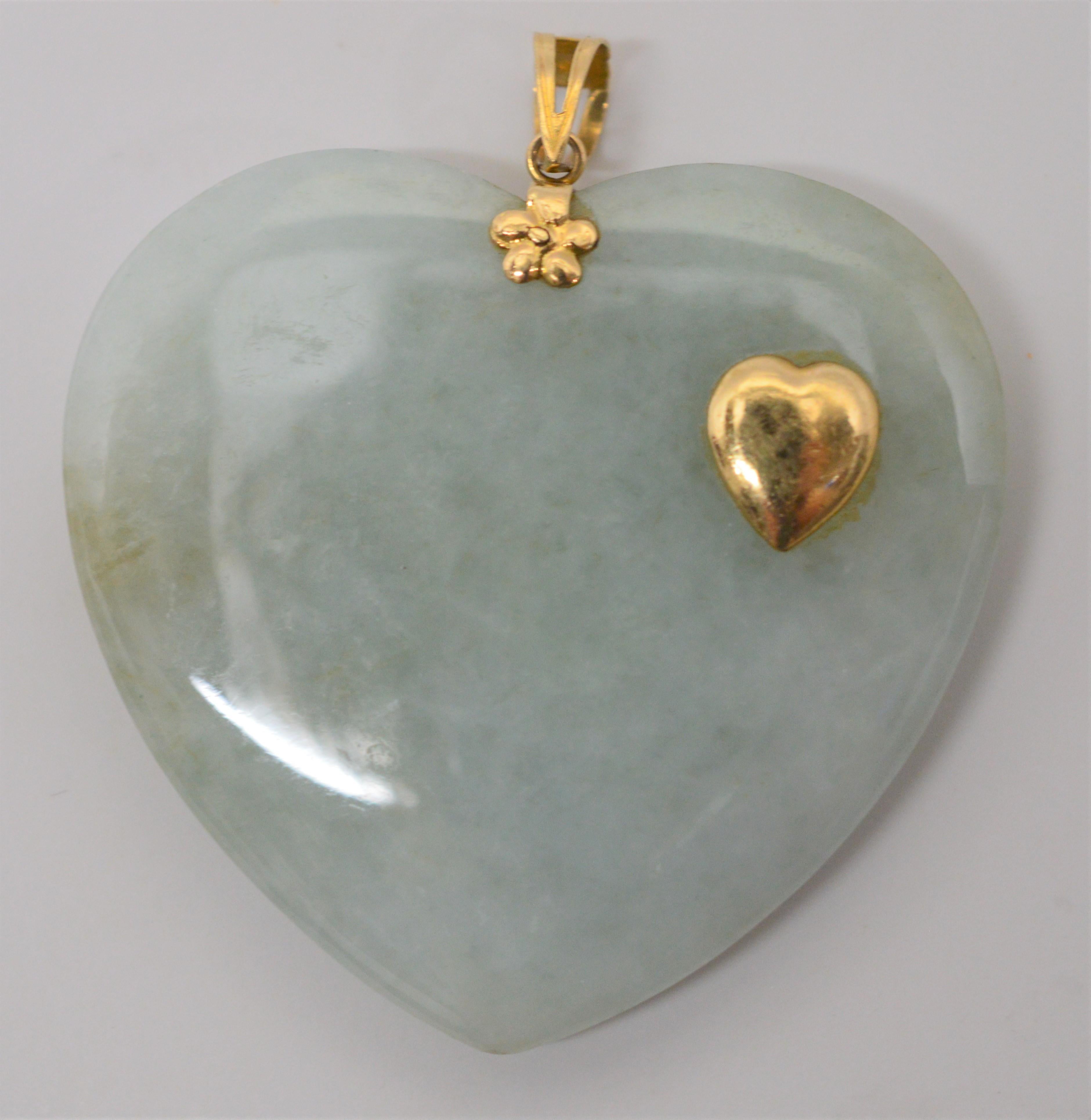 Women's Jade Heart Pendant with 14 Karat Gold Accents