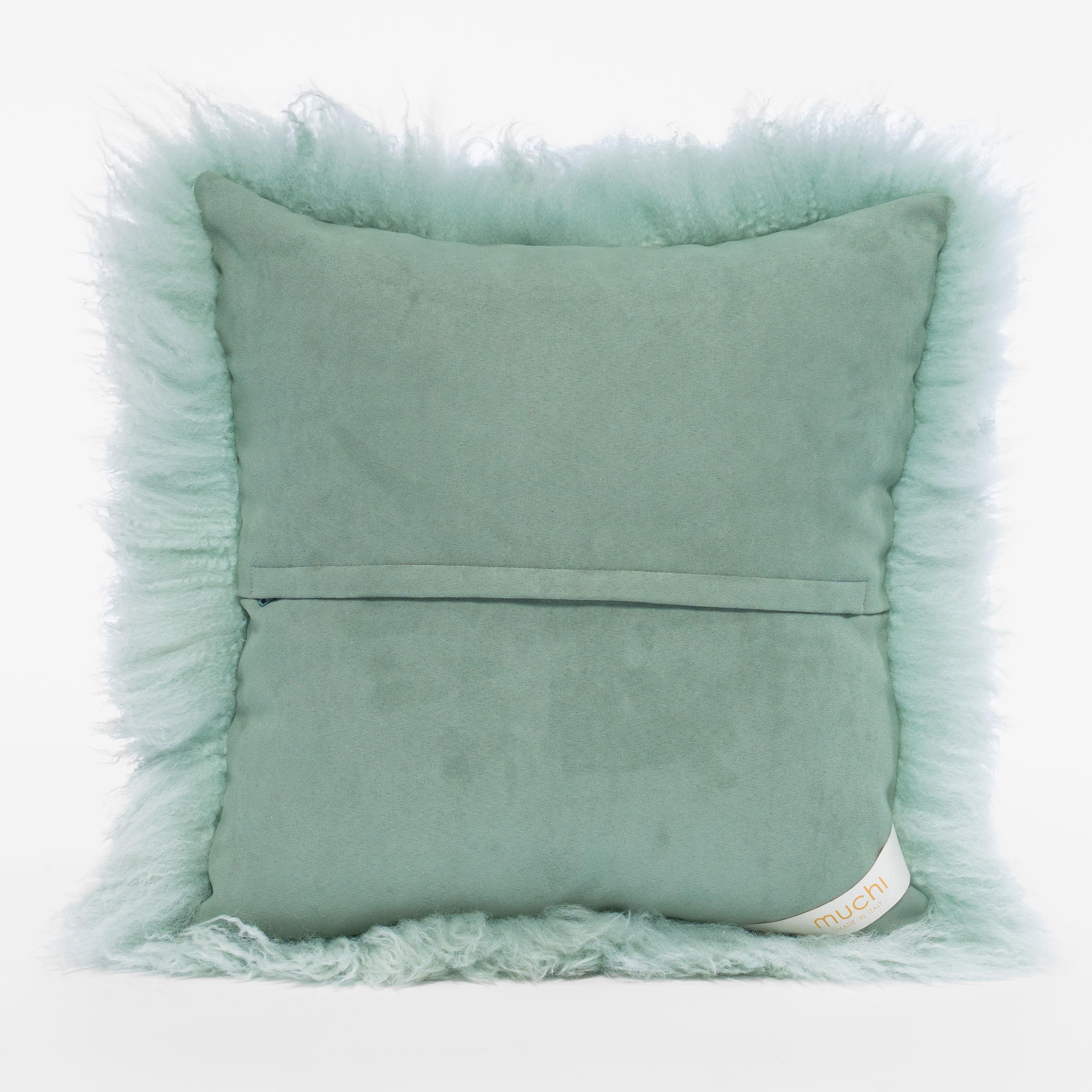 Modern Shearling Sheepskin Jade Green Cushion by Muchi Decor, Made in Italy For Sale