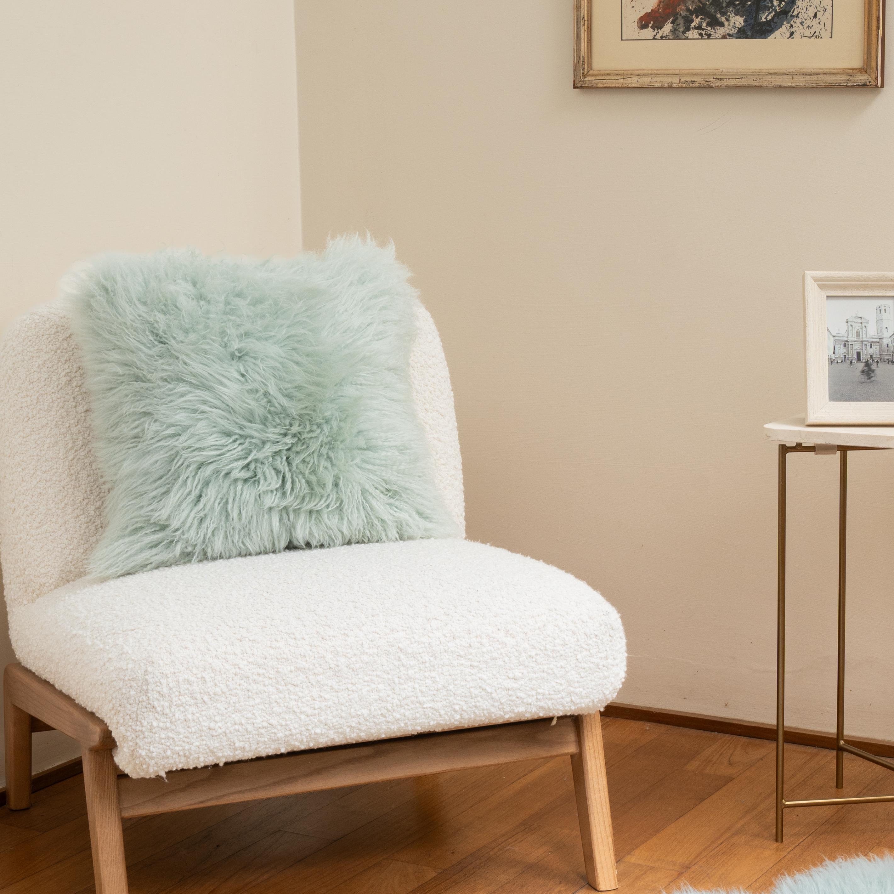 Hand-Crafted Shearling Sheepskin Jade Green Cushion by Muchi Decor, Made in Italy For Sale