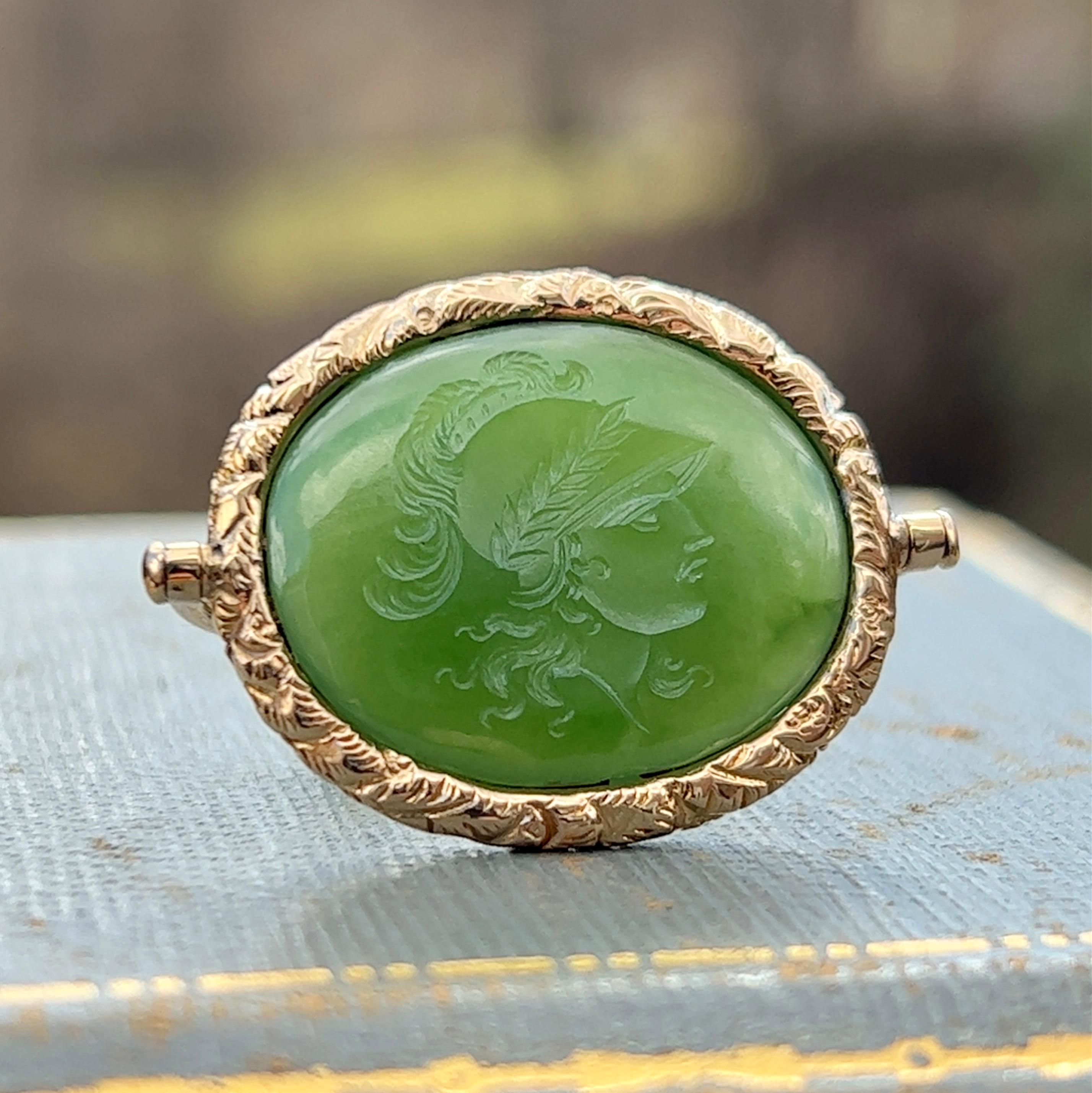 Victorian Jade Intaglio Watch Fob Pendant in 14k Rose Gold, circa 1900