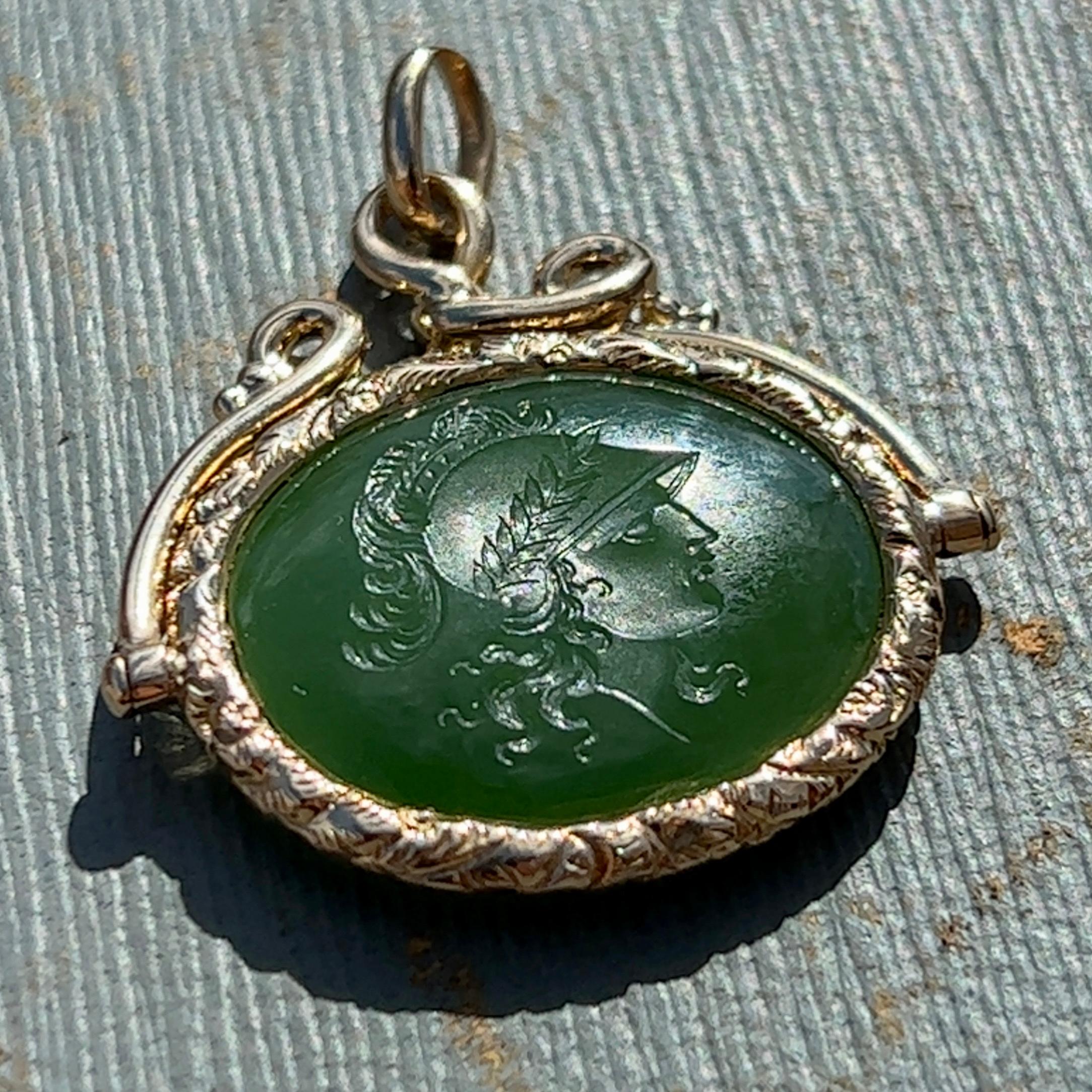 Jade Intaglio Watch Fob Pendant in 14k Rose Gold, circa 1900 In Good Condition In Towson, MD