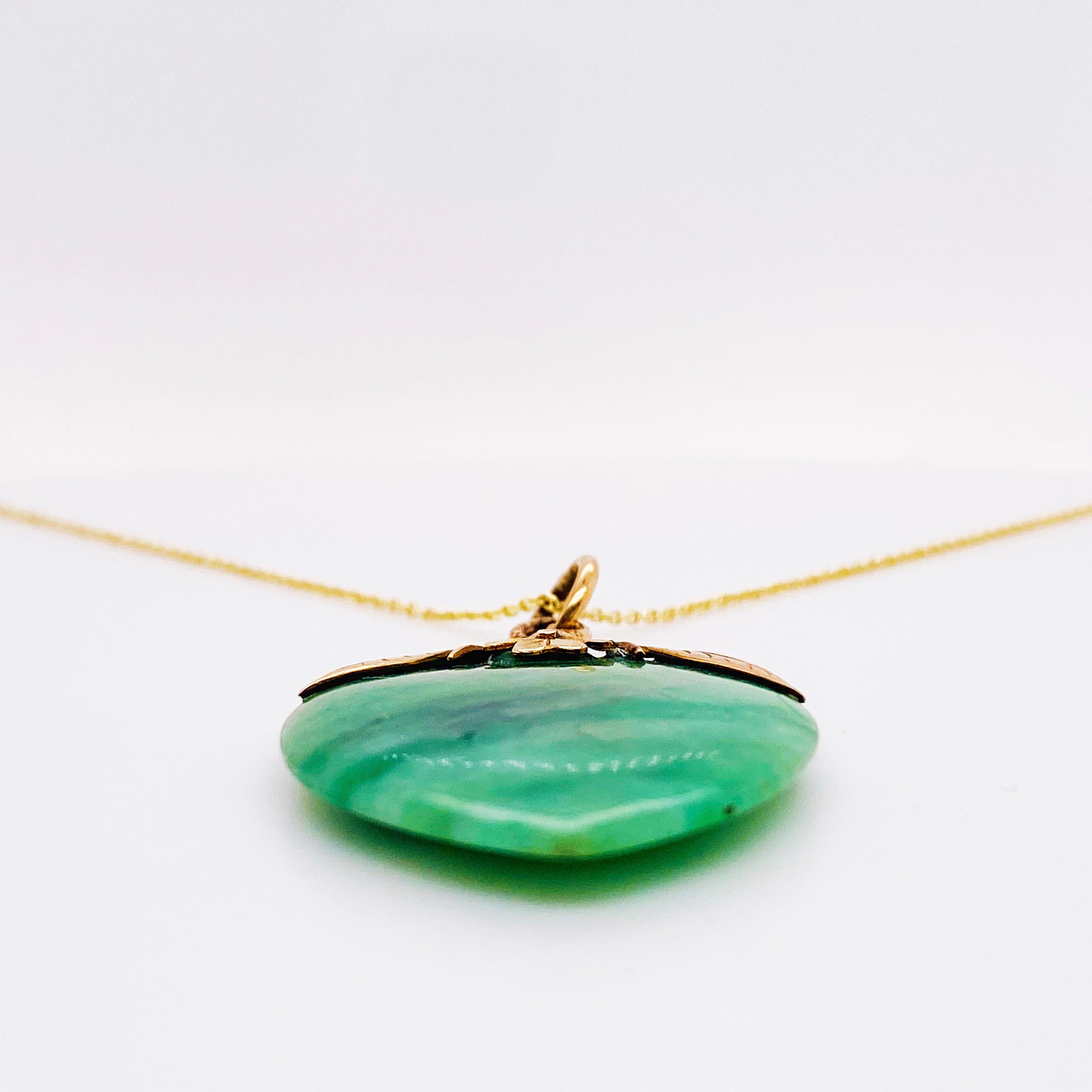 Victorian Jade Jadeite Antique Pendant Necklace with Leaf Design on the Top 14 Karat Gold