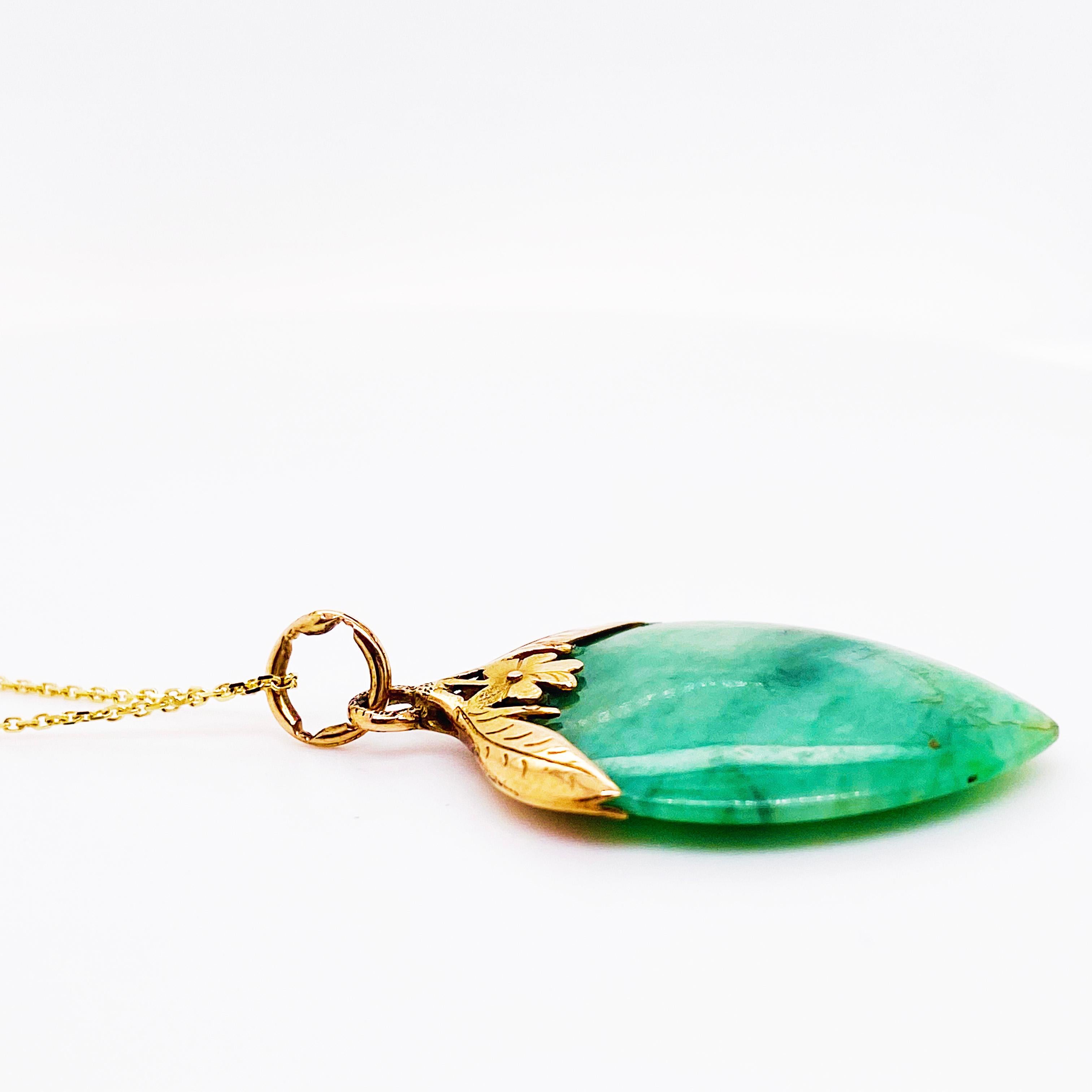 Cabochon Jade Jadeite Antique Pendant Necklace with Leaf Design on the Top 14 Karat Gold