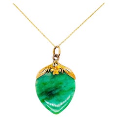 Jade Jadeite Antique Pendant Necklace with Leaf Design on the Top 14 Karat Gold
