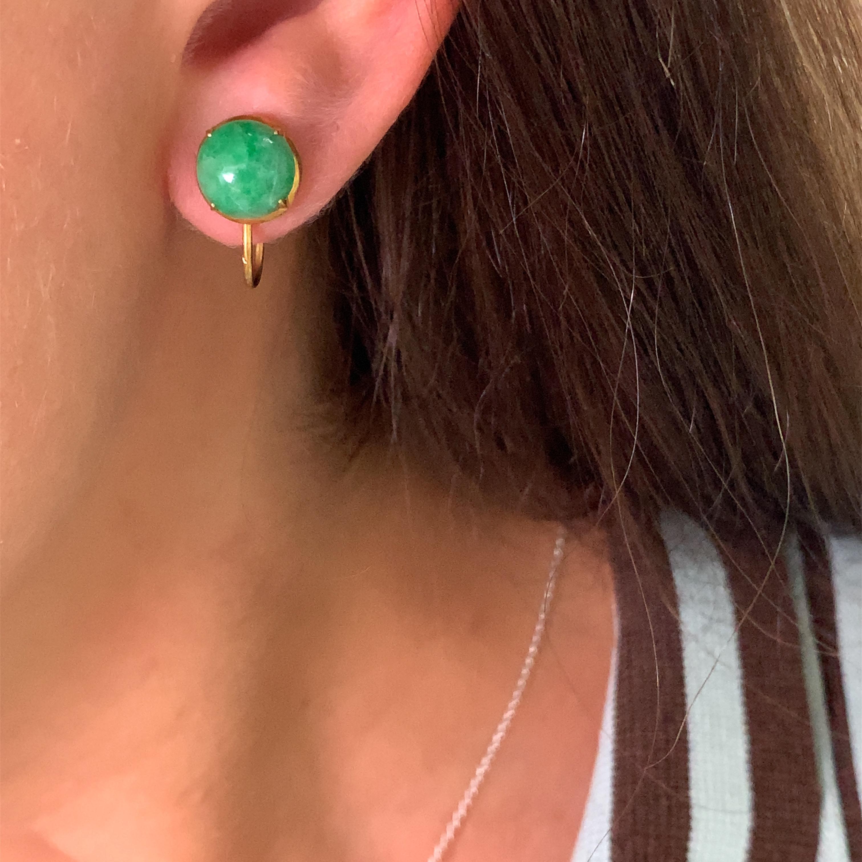 Art déco Jade jadeite vert boucles d'oreilles anciennes or jaune en vente