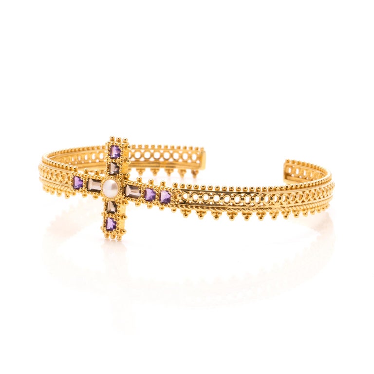 Jade Jagger Amethyst Madonna 18 Karat Yellow Gold Cross Bracelet For