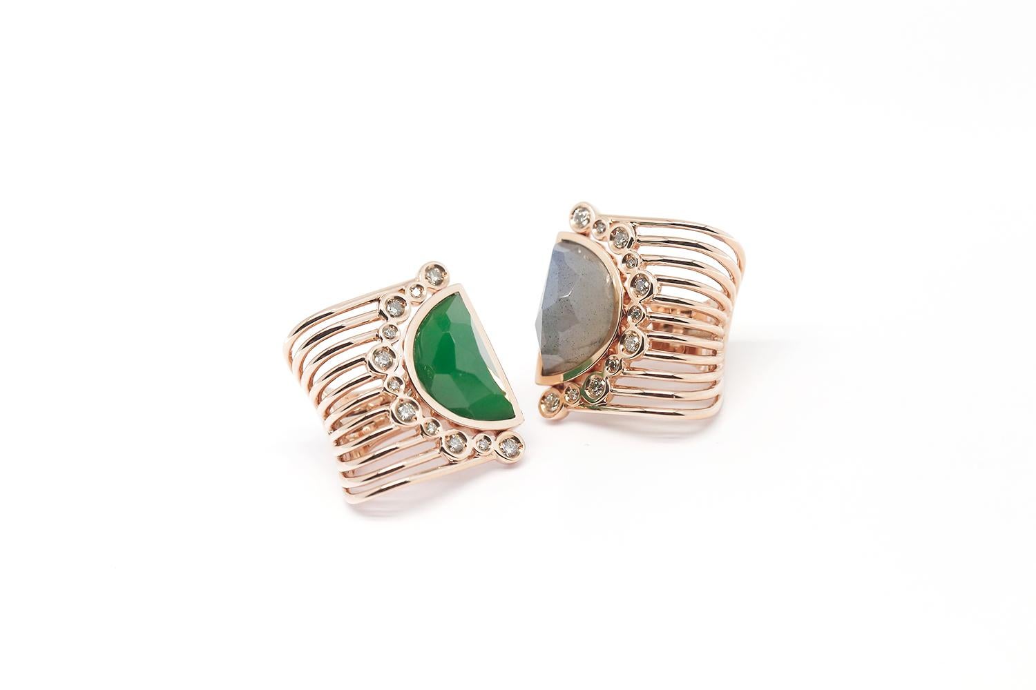 Rough Cut Jade & Labradorite & White Diamond earring For Sale