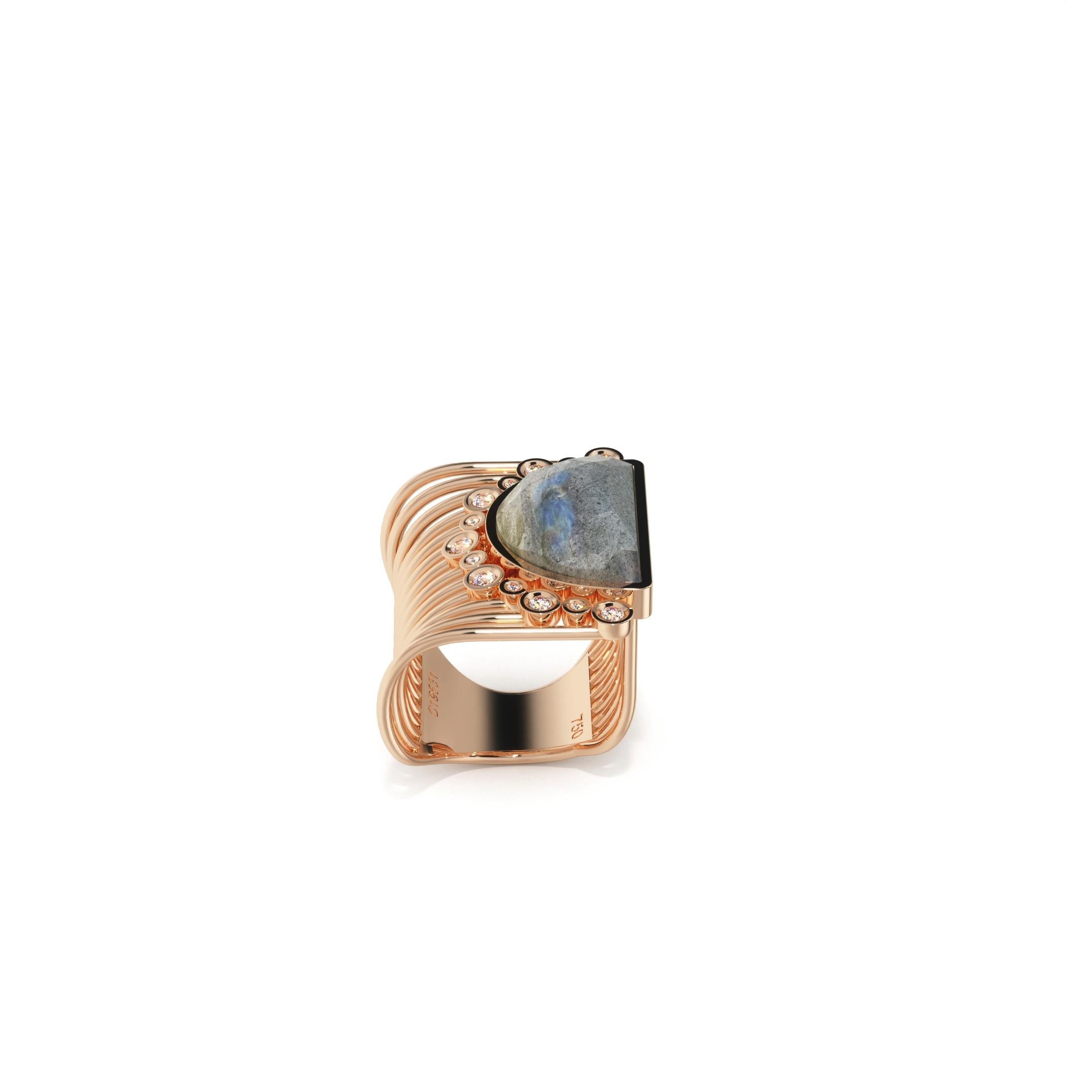 For Sale:  Jade & Labradorite & White Diamond Ring (Size 44.2~62.7) 3