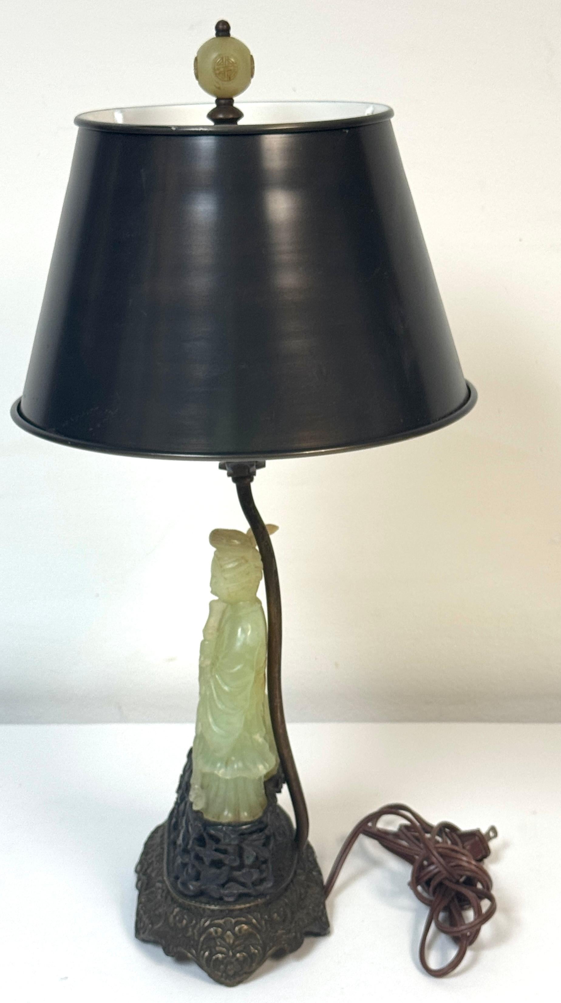 Chinese Carved Jadeite Guanyin with Cat, Mounted as a Lamp, Circa 1920s For Sale 4