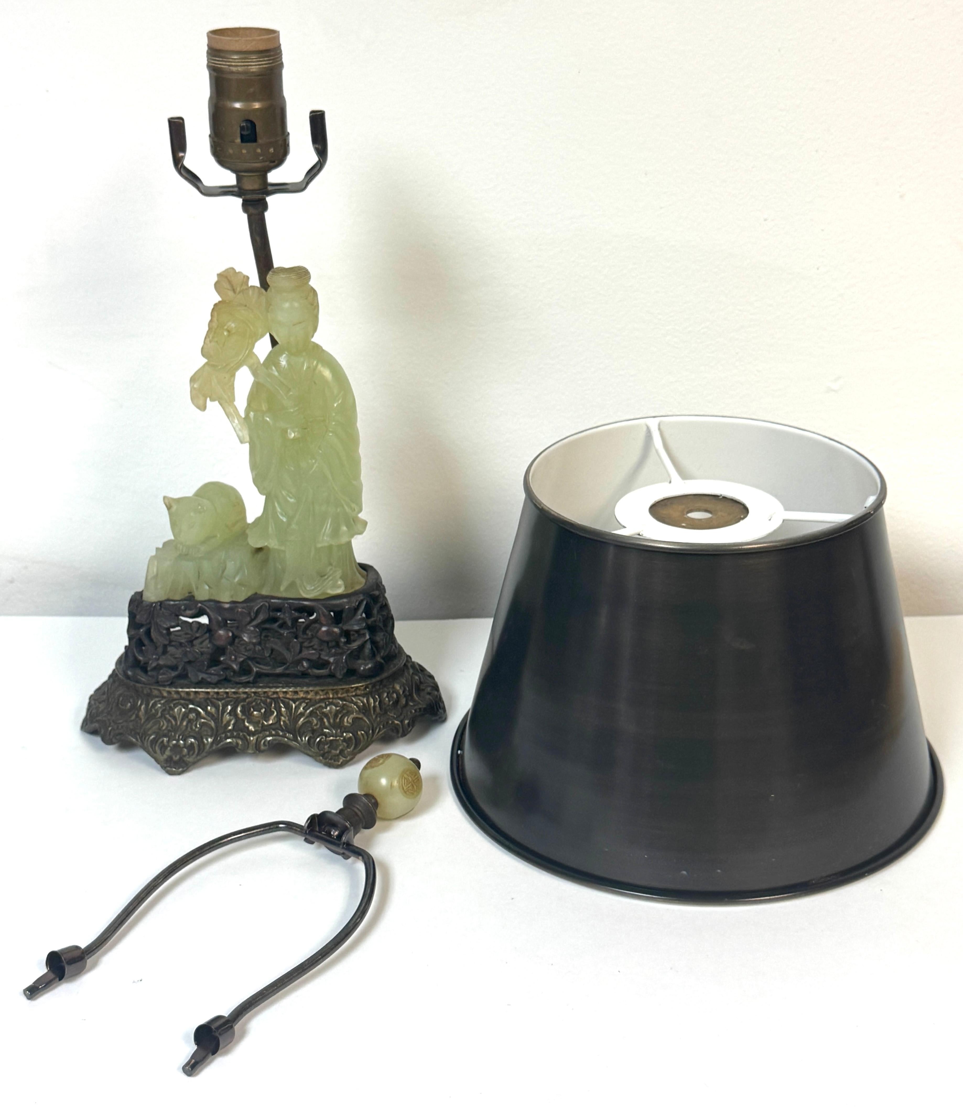 Chinese Carved Jadeite Guanyin with Cat, Mounted as a Lamp, Circa 1920s For Sale 6
