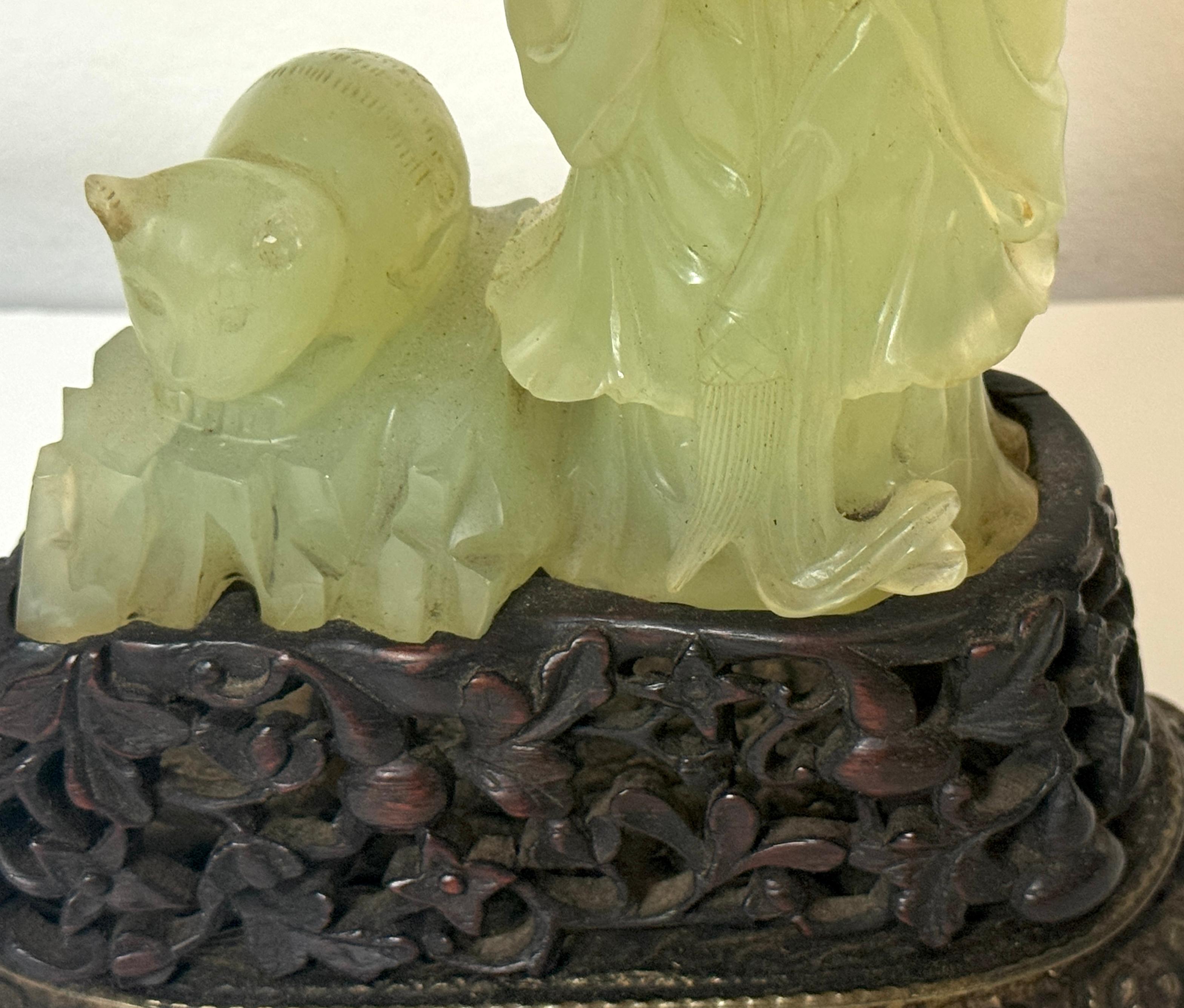 Chinese Carved Jadeite Guanyin with Cat, Mounted as a Lamp, Circa 1920s For Sale 7